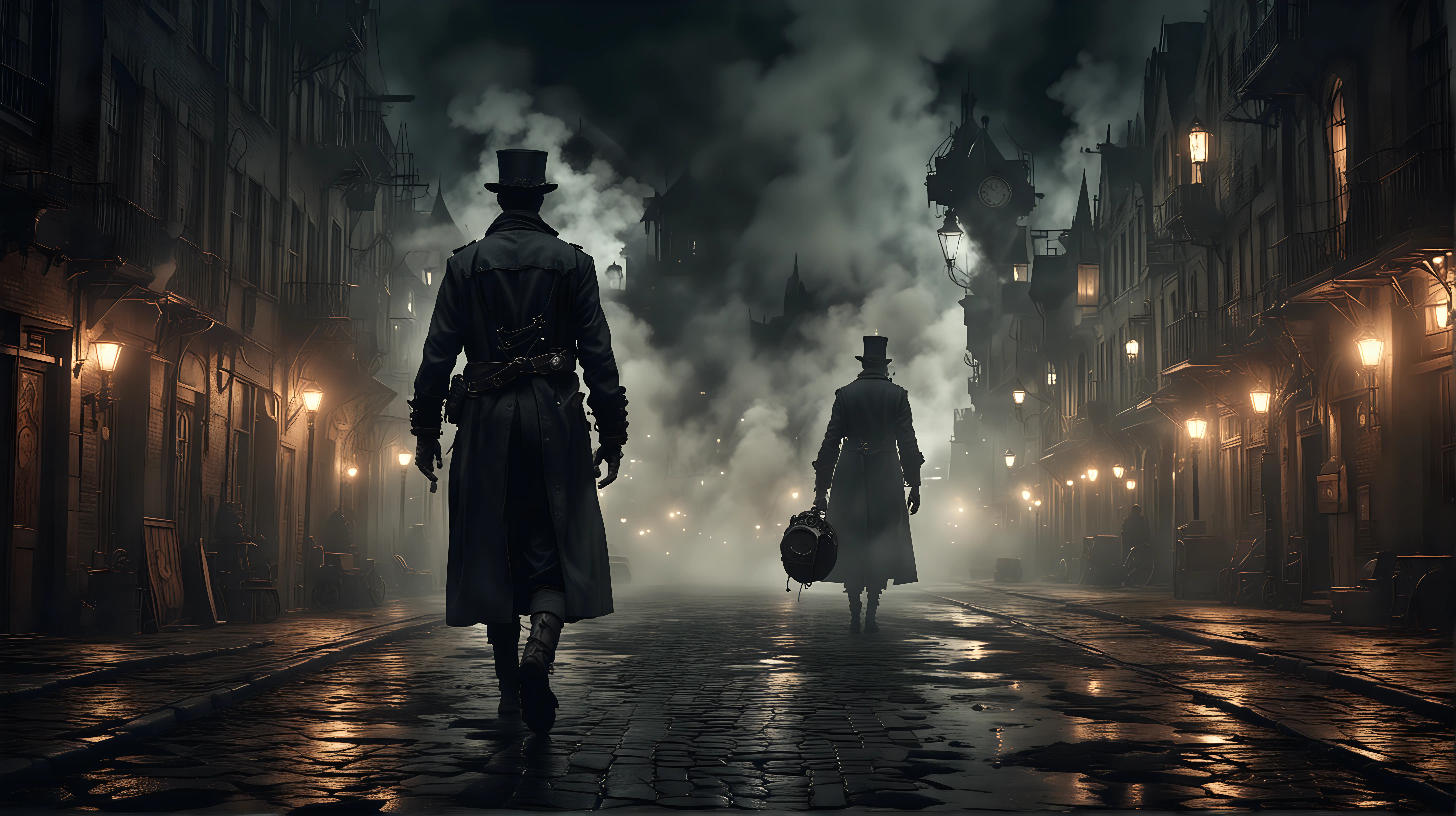 a human shape made of steam walks through an empty street of a steampunk city, completely dark night