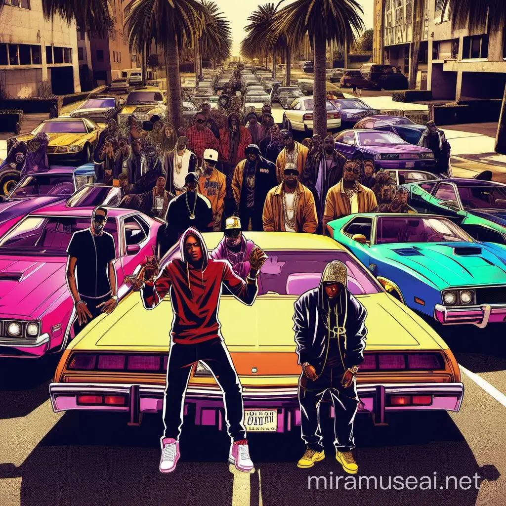 West Coast Hip Hop Album Cover with Flashy Cars in Hood Culture Setting