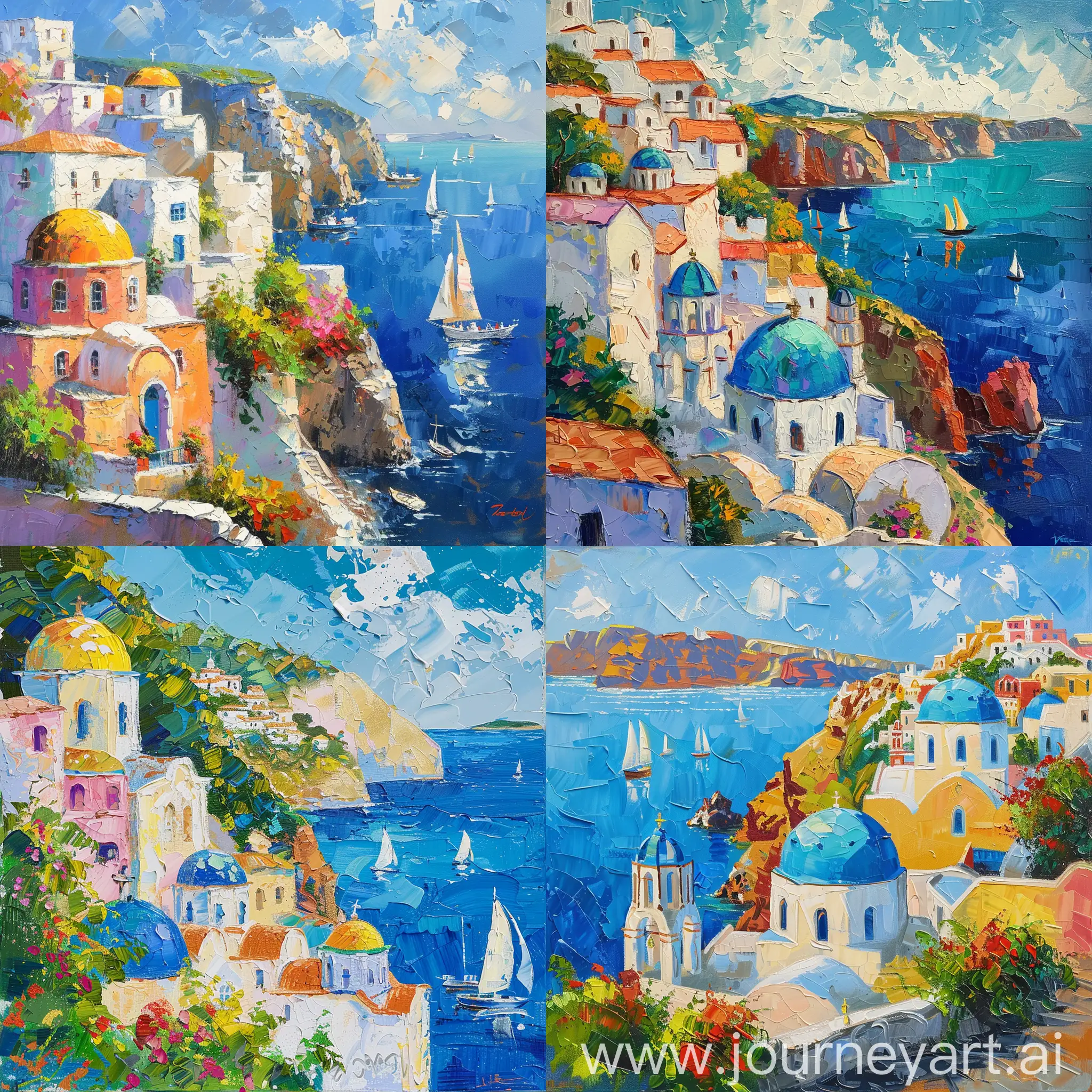 greek coast, oil painting, impressionist style, sunny day, colorful buildings and domes overlooking the sea with sailboats in background, lush greenery on cliffs, vibrant colors, detailed brushstrokes, textured canvas effect, impressionistic technique, high resolution --stylize 750