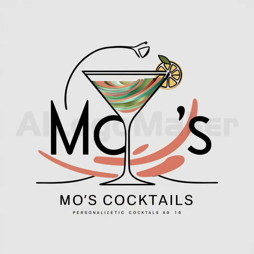 a logo design,with the text "Mo's", main symbol:In the center of the logo, there's a sleek martini glass, elegantly curved and ready to be filled with a delicious concoction. Inside the glass, instead of a typical martini, there's a vibrant mix of colors swirling together, hinting at the exciting flavors awaiting the customers of Mo's Cocktails. Arching over the glass is a stylized 'M' shaped stirrer, adding a touch of sophistication and personalization to the design. The 'M' is crafted with smooth lines and curves, seamlessly integrated into the overall composition. Around the glass, there's an explosion of joyful colors - bold reds, bright oranges, and refreshing greens, evoking the lively atmosphere of a cocktail party. These colors blend and merge, creating an eye-catching backdrop that draws the viewer in. Completing the scene, a citrus twist elegantly adorns the rim of the glass, adding a touch of freshness and zest. The entire logo exudes energy, creativity, and a promise of unforgettable cocktail experiences at Mo's Cocktails.,Minimalistic,clear background