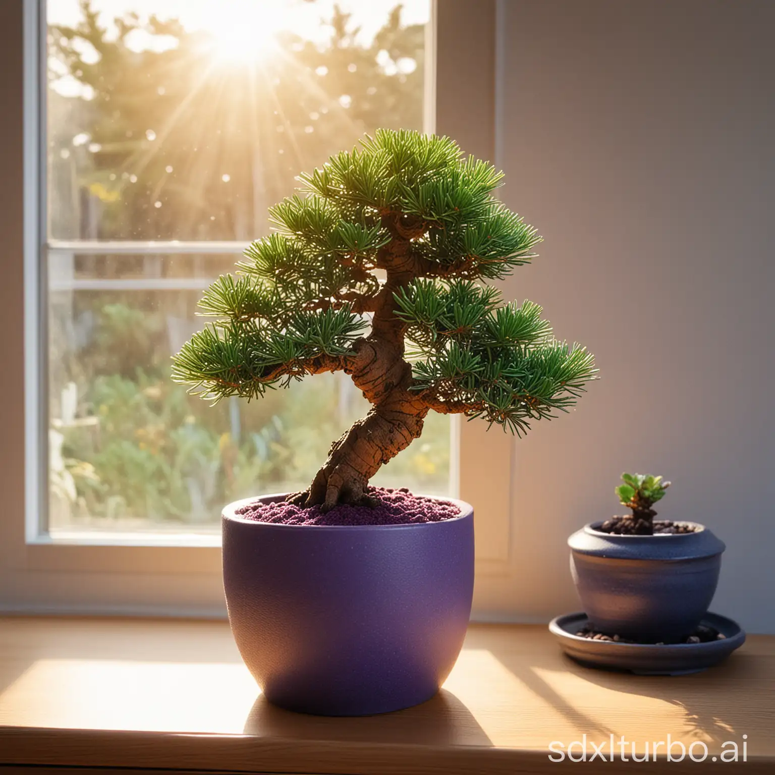 On the desk in the living room, there is a purple sand flowerpot with a pine bonsai, and the sunlight shines through the window onto the flowerpot.