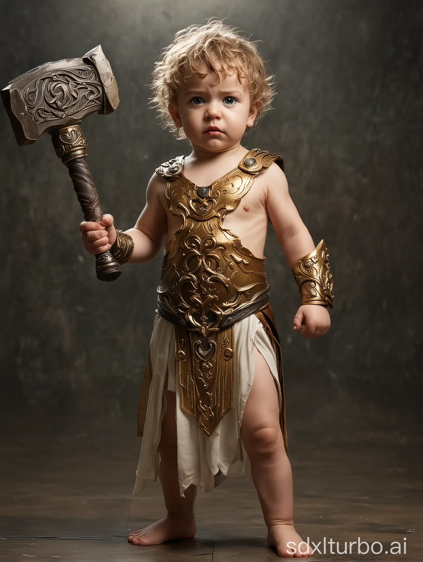 Q version Zeus, a little boy, dressed as Zeus, holding the hammer