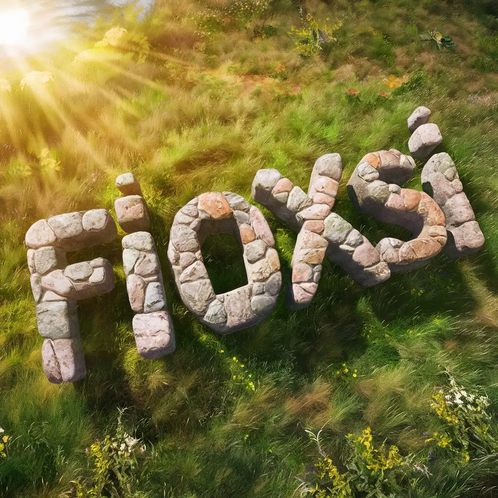 Слово FioXsi из каменных букв на фоне летней поляны