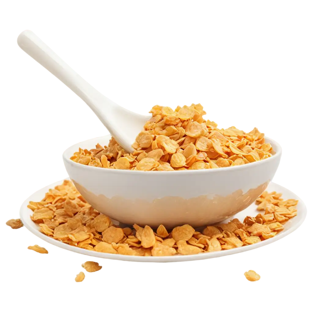 A white plate filled with cornflakes, milk poured over it, with grains flying out of it.
