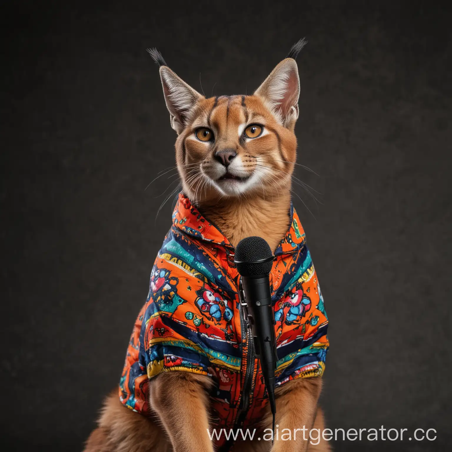 кот каракал в человеческом разноцветном пиджаке, улыбается и говорит в микрофон, на темном фоне чтобы каракал выделялся