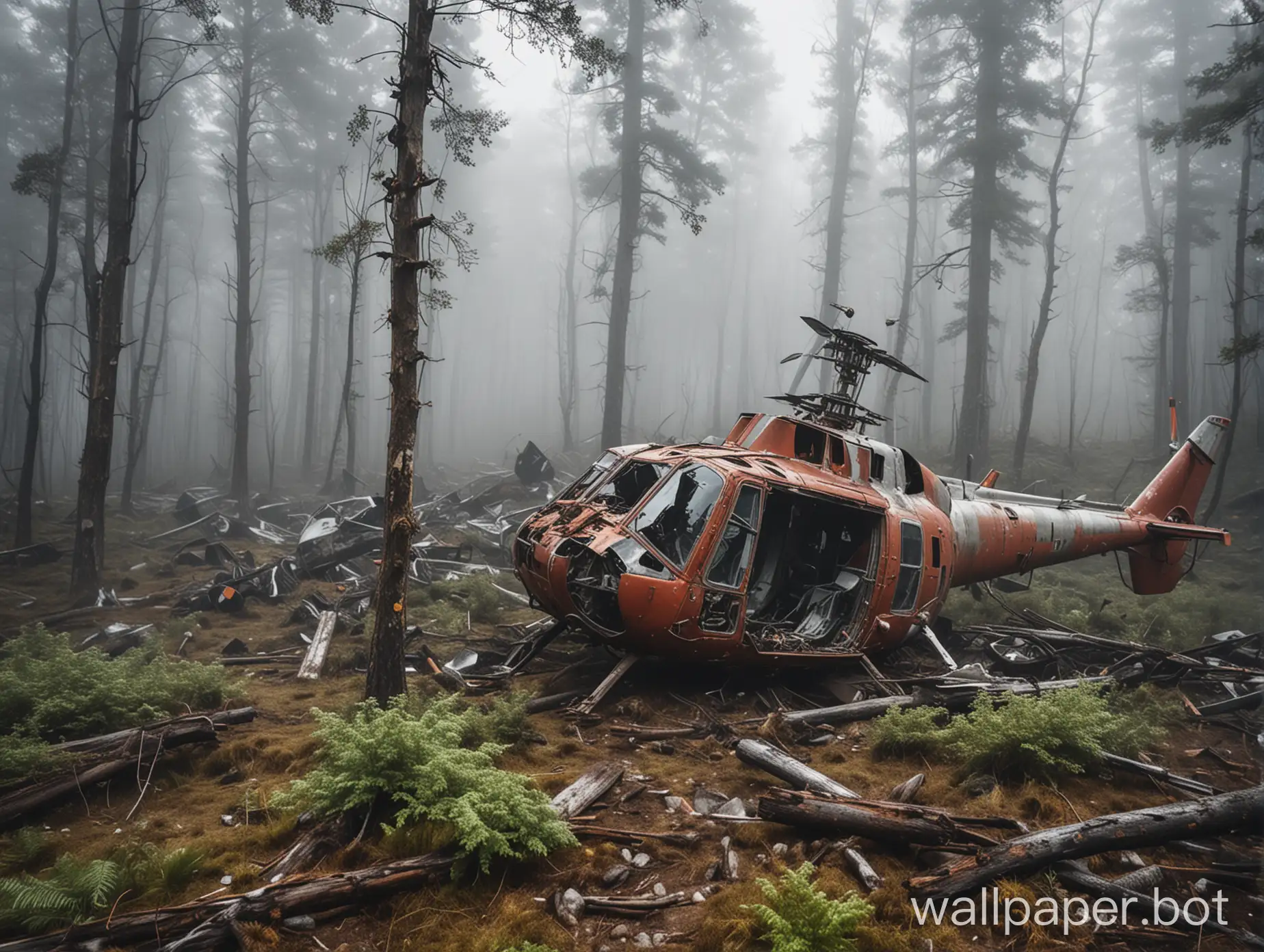Helicopter-Debris-in-Mountain-Fog-Wreck-Metal-Amidst-Trees