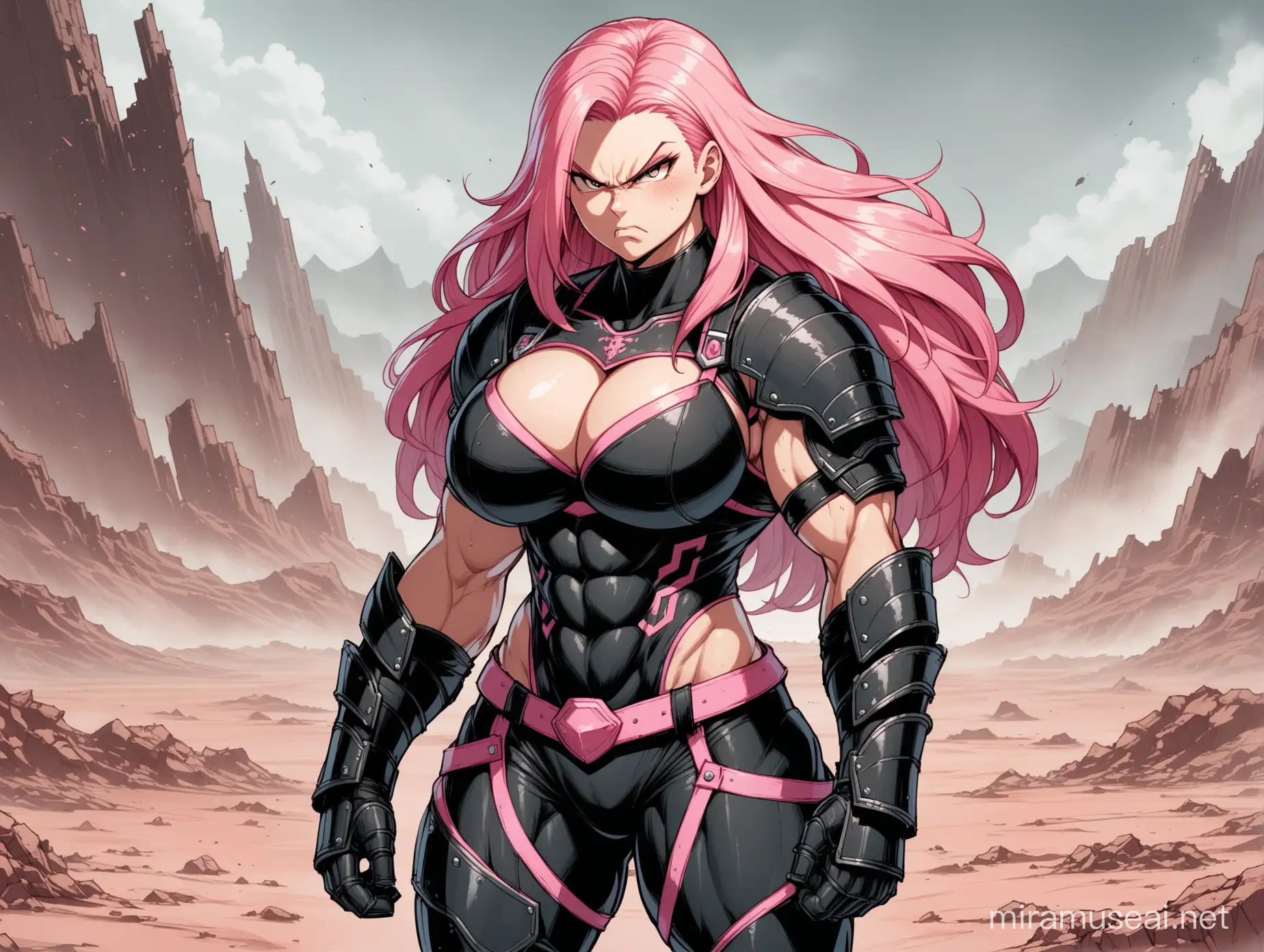 
a muscular, big, strong, peach-skinned, angry, infamous woman, black armor with pink edges, big breasts, sturdy booty, desolate wasteland background, long fluffy pink hair.