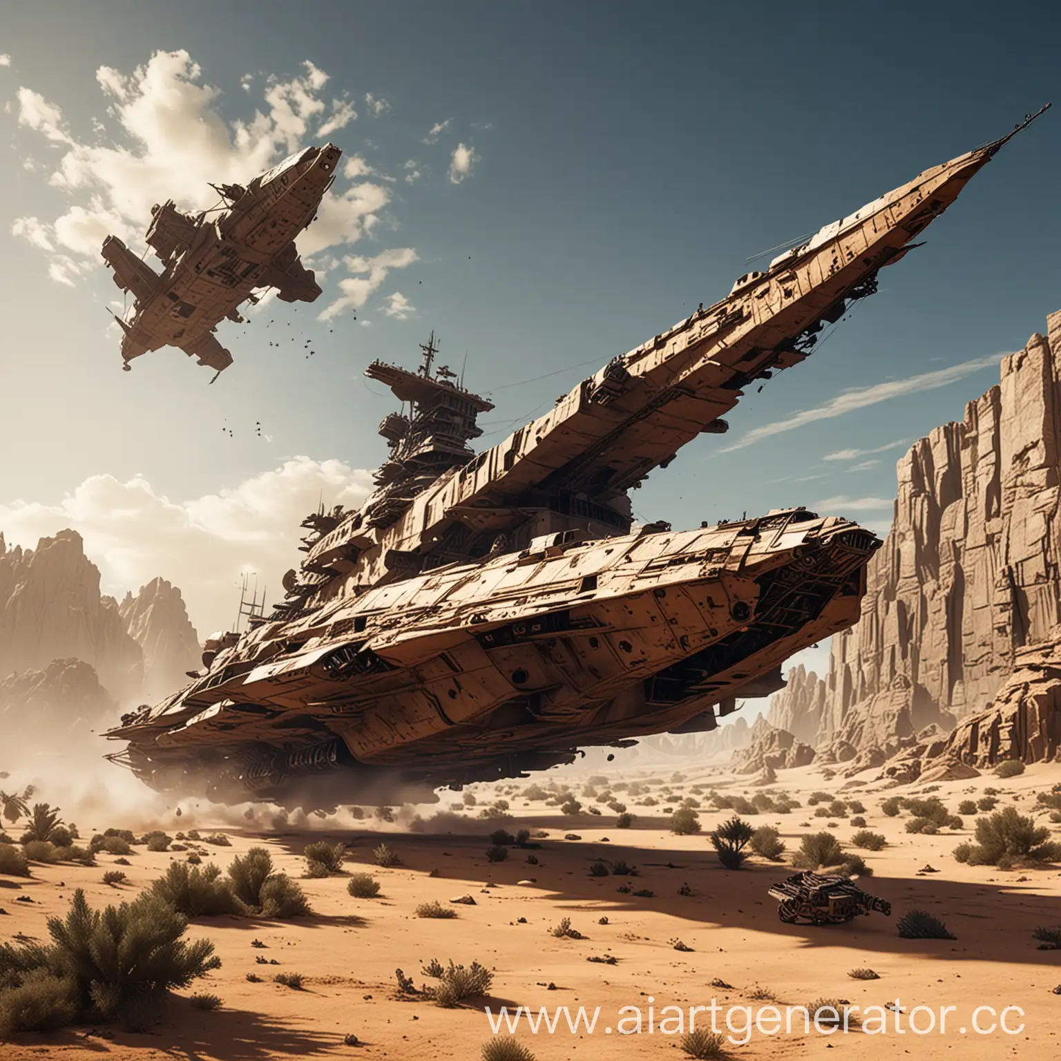 Dynamic-Desert-Scene-Flying-Battleship-Amidst-Ruined-Buildings