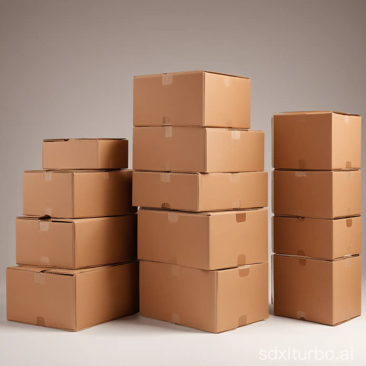 A stack of brown corrugated cardboard boxes of different sizes. The boxes are stacked neatly and securely, with the flaps closed and the edges aligned. The boxes are placed on a neutral background, such as a white or gray surface.