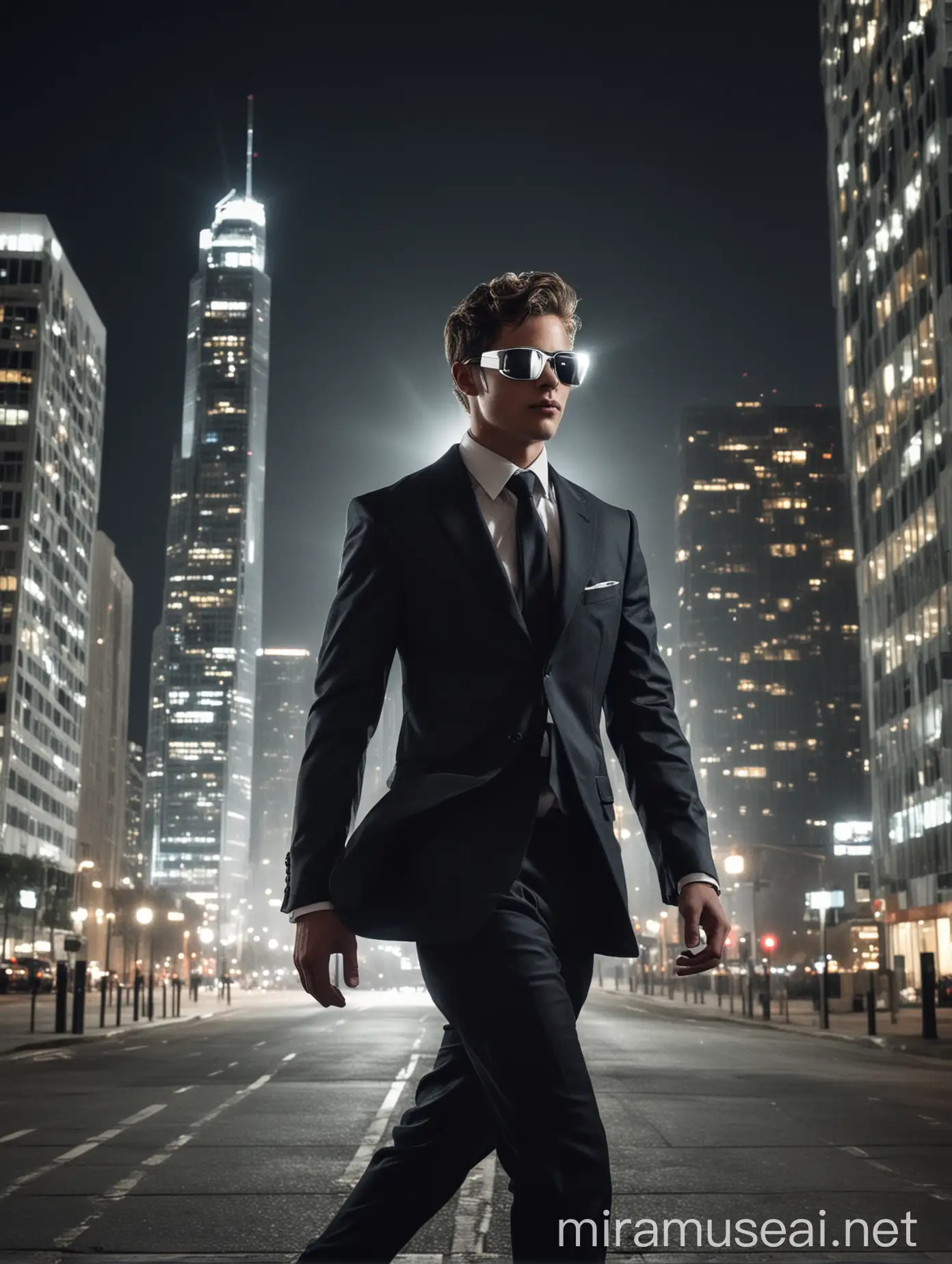 Stylish Young Man in Suit Walking by Glowing Skyscraper at Night