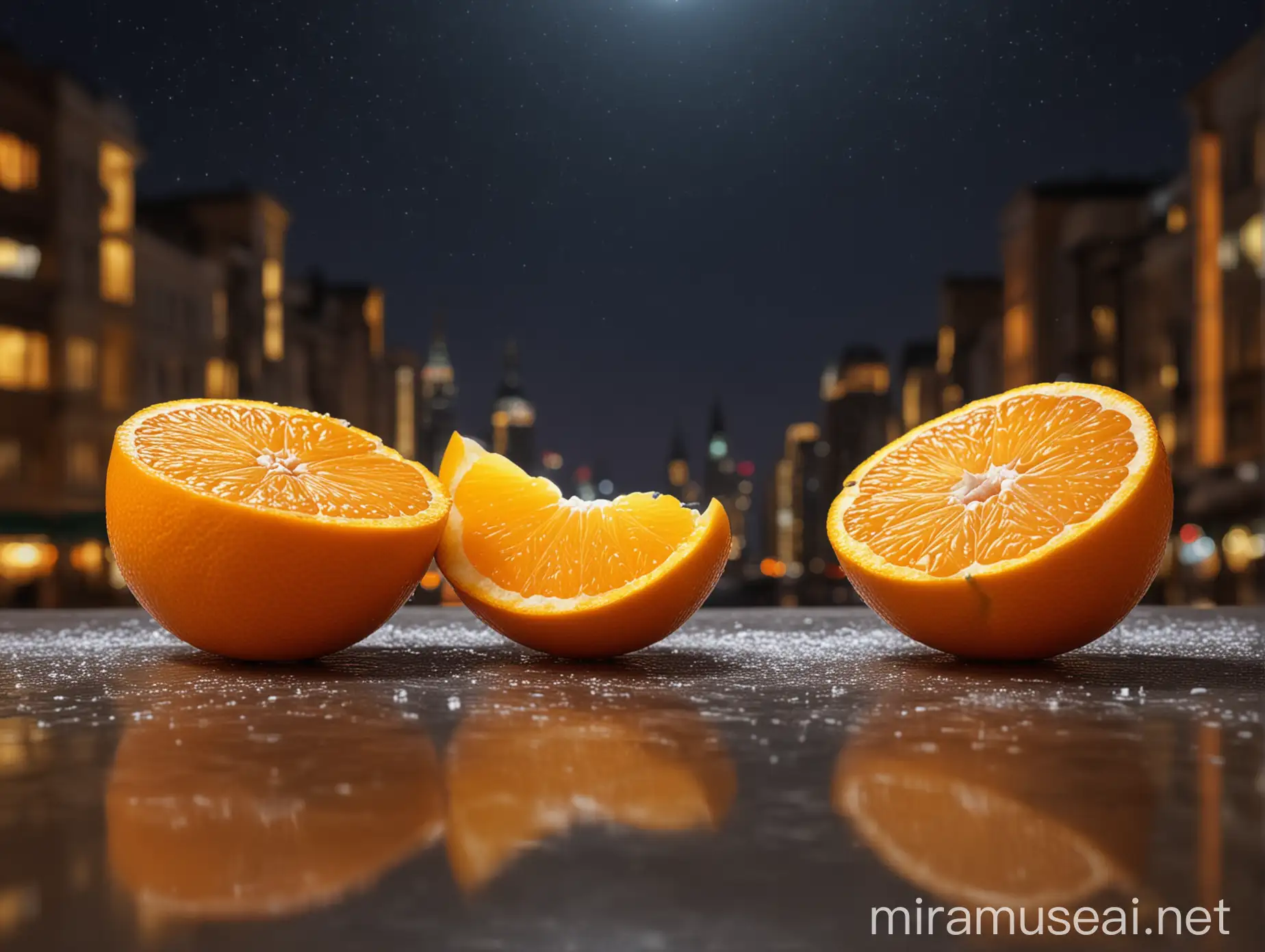 Orange Halves Illuminated by Night City Lights