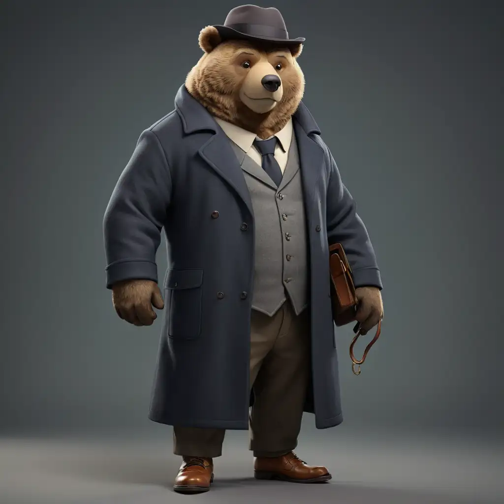 big bear, full body, Detective with overcoat, formal hat, formal shoes, transparent png