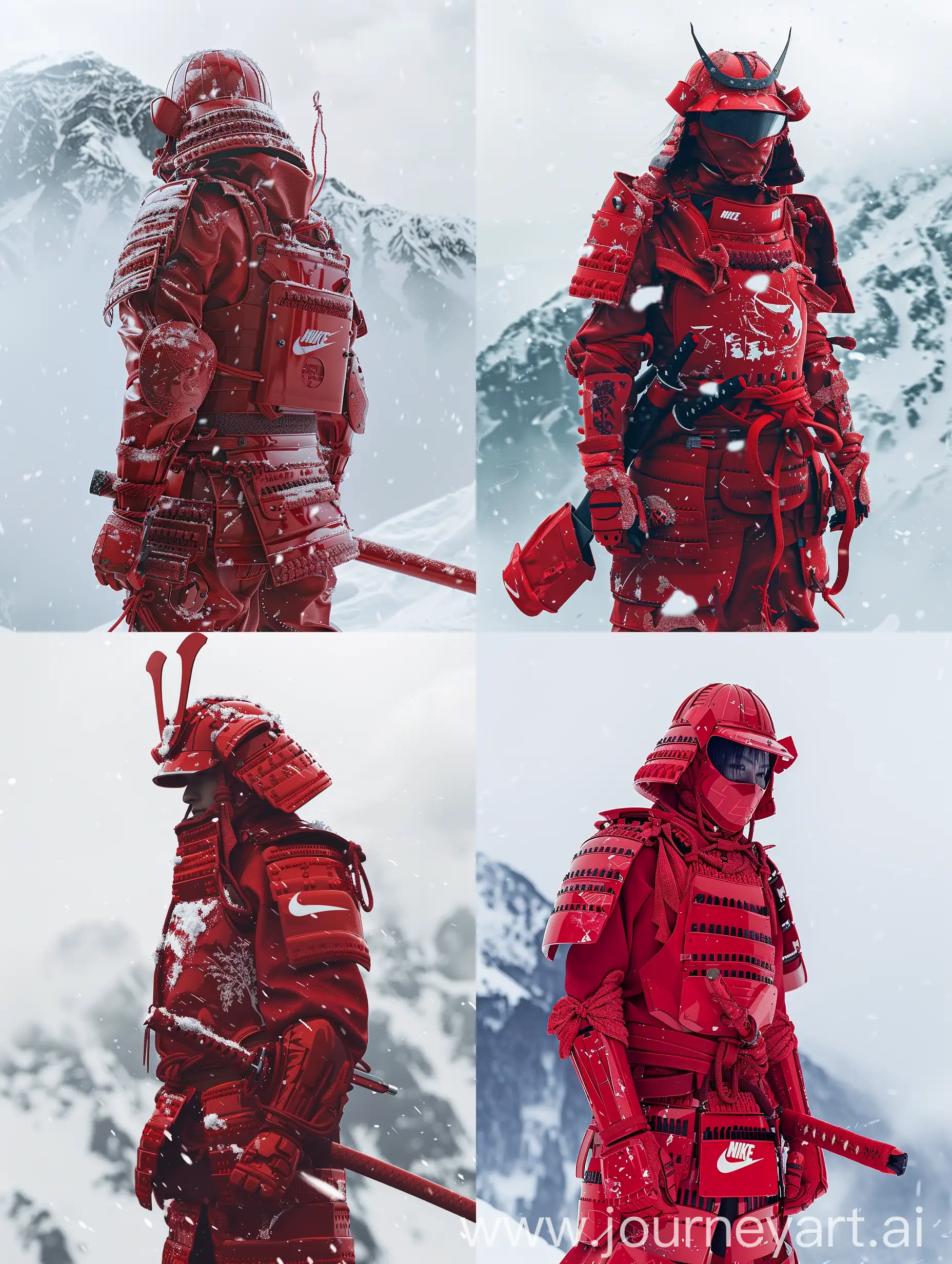 A person standing against a snowy mountainous background, wearing high detailed red samurai-style armor with Nike branding. The armor includes intricate detailing and protective gear, and the person holds a red sheathed sword. camera haze,Camera DSLR
