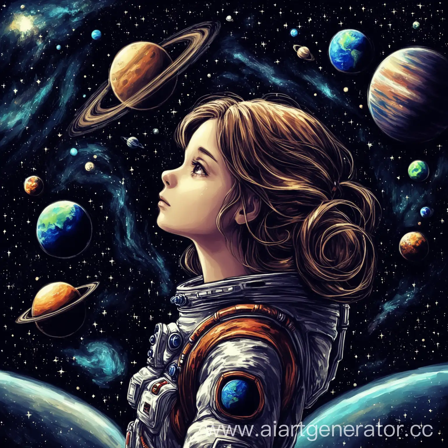 The girl is lost in her thoughts
a girl in space and between her planets with her thoughts

