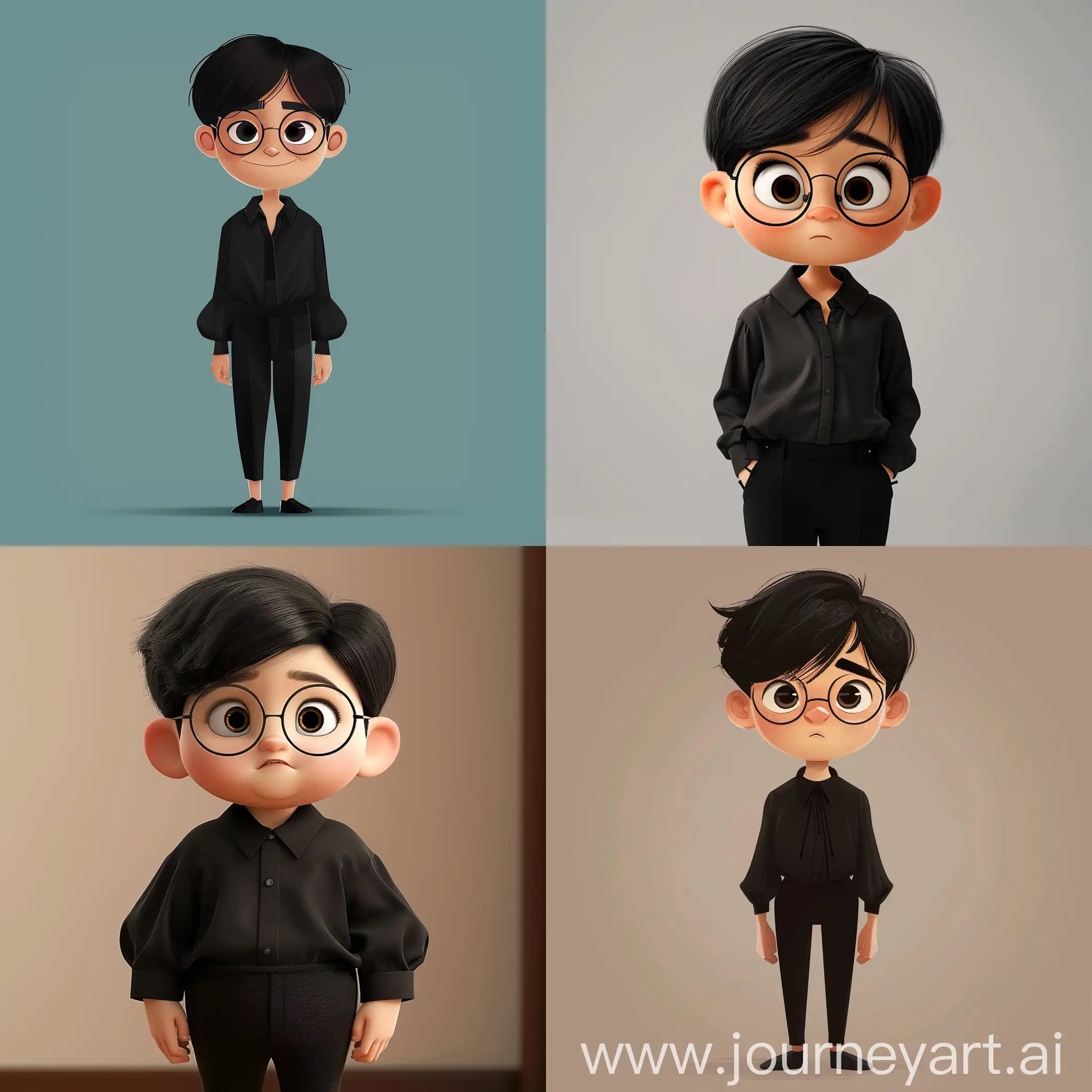 a slightly fat dark-haired boy with short black hair wearing a black blouse and black pants his nose is rounded and he wears thin square glasses as a Disney classisc Cartoon 