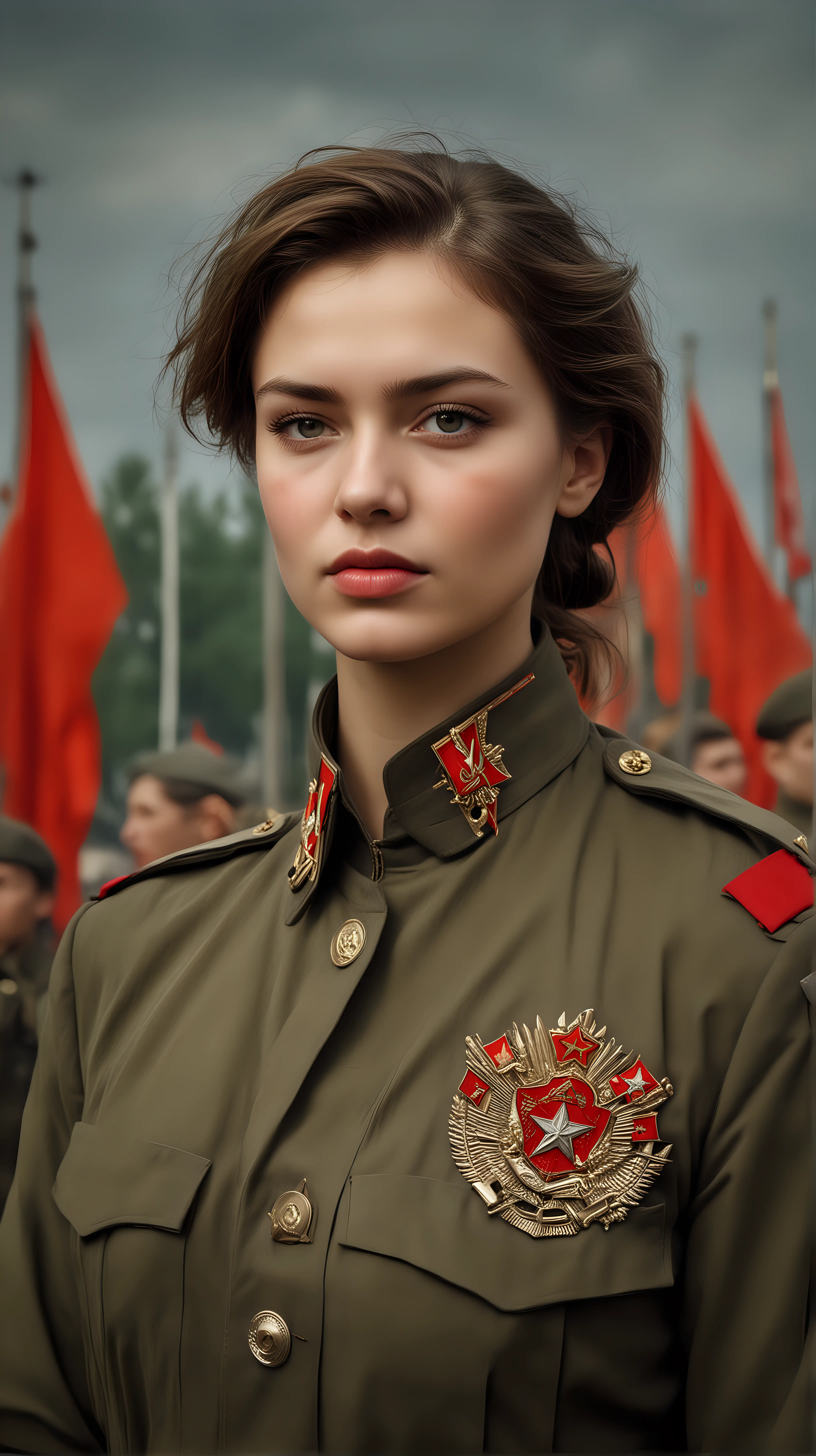 Create a striking image of a young woman in a pristine Soviet army uniform, radiating confidence and beauty. She stands tall, her posture strong and proud, embodying the spirit of determination and resilience. Her uniform is immaculate, adorned with Soviet insignia and medals of honor, symbolizing her commitment to serving her country. Despite the rigors of military life, her youthful features exude a sense of grace and elegance, capturing the juxtaposition of strength and femininity. The backdrop could be a scene from a Soviet military base, with flags fluttering in the breeze and comrades standing in solidarity behind her. This image celebrates the beauty and bravery of Soviet women who played an integral role in defending their homeland during times of conflict.