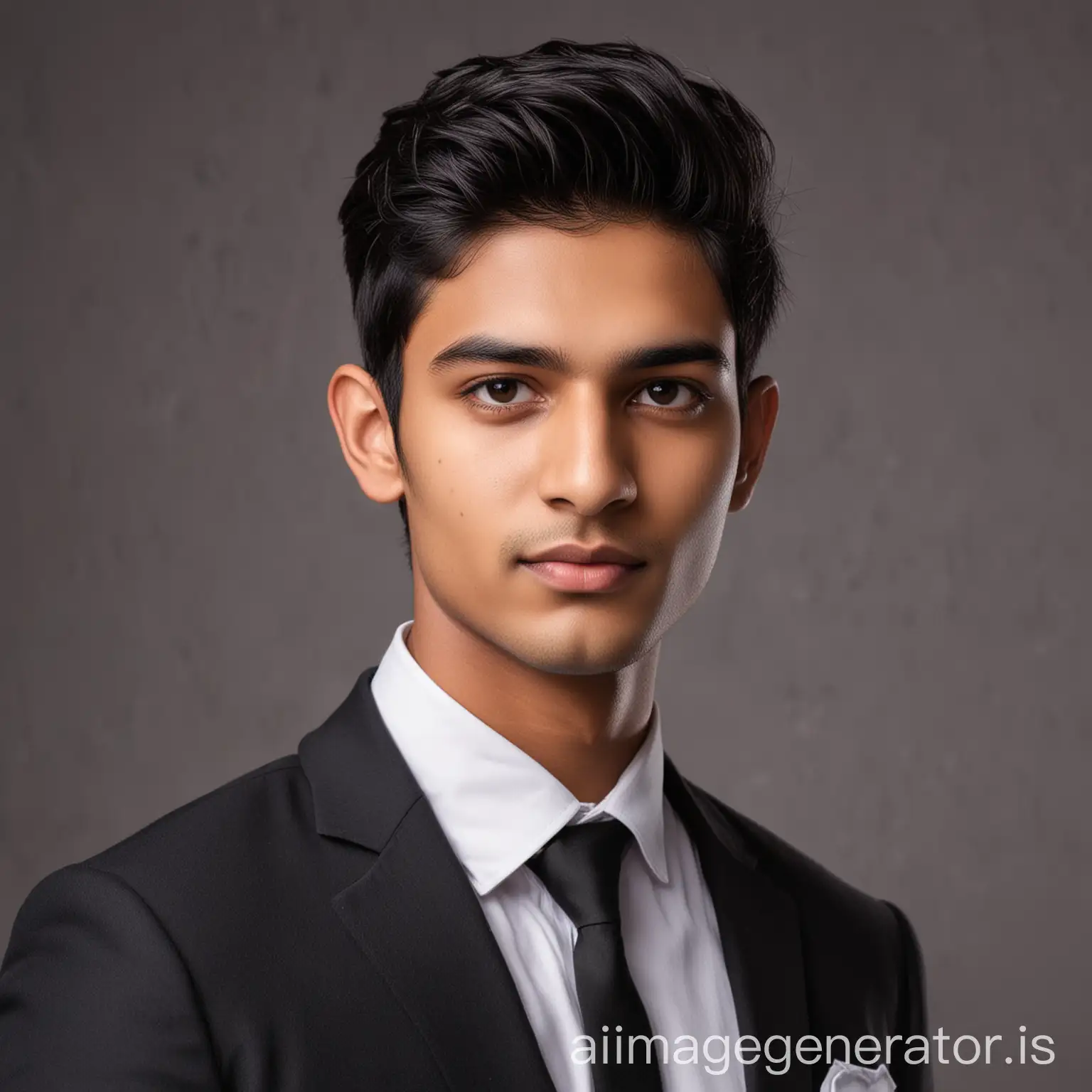 27 year old Indian teen male slightly acne scar fair skin with skinny neck slightly lighter tone posing for a LinkedIn photo in formal wear with one side cropped hair style