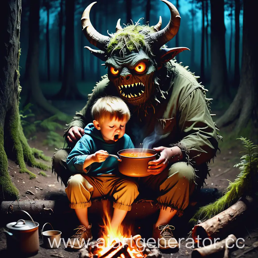 Boy-Eating-Soup-by-Campfire-with-Large-Horned-Monster-in-Dark-Forest