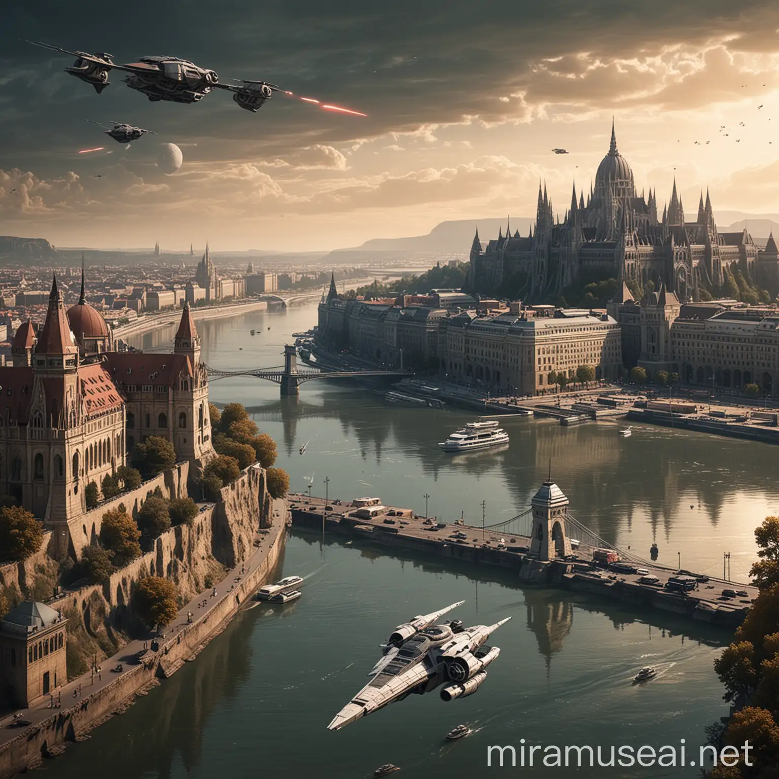 Budapest as a futuristic star wars city, not only the river but the side buildings should look futuristic sith flying vehicles and the Buda Castle in the background looking like Theed