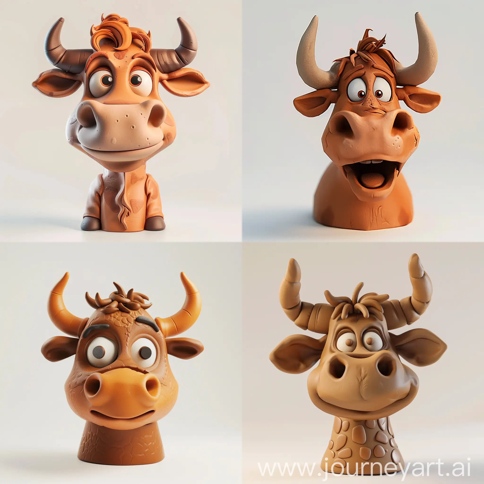 A bull head, a miniature figure, cute, claymation style, 3D clay render, a big head, 3d blender, white background