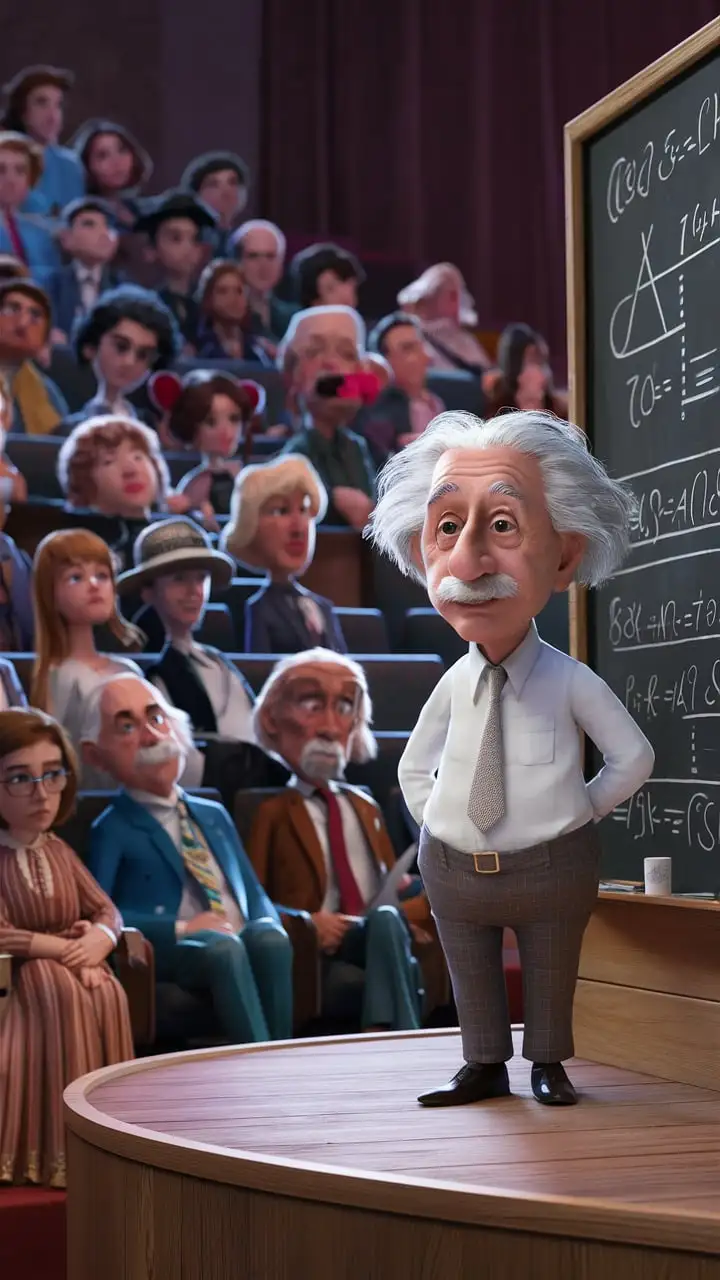 A Disney Pixar 3D animation style scene of a conference hall, with Einstein in a white shirt, confidently giving a speech on stage.