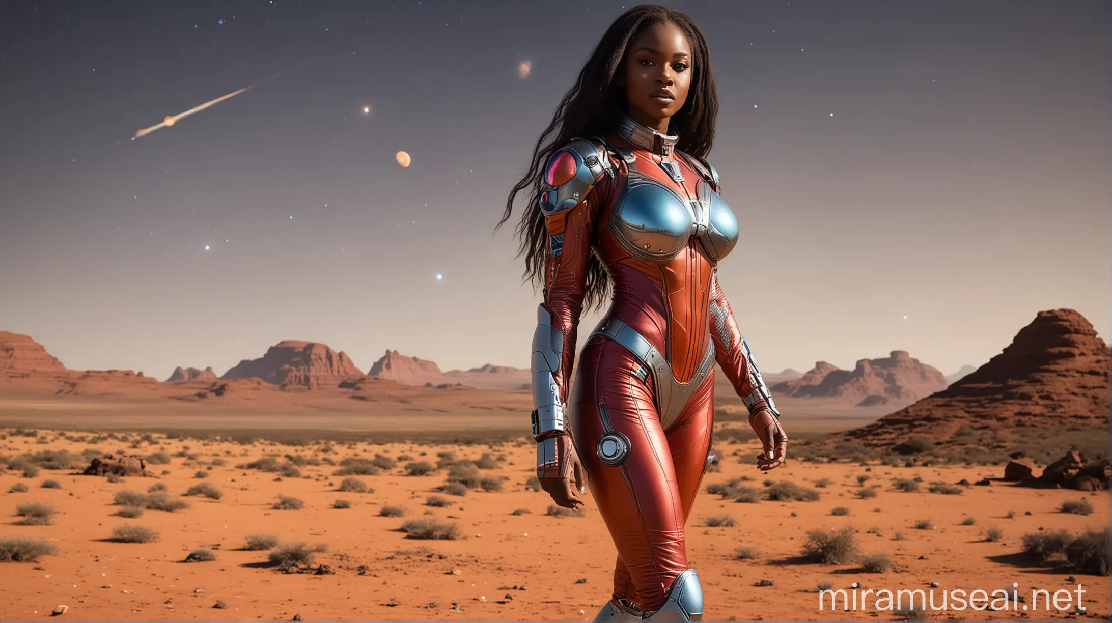 african girl, welcomes, slim, long hair, wild hair, sexy makeup on face, full body, fitness model, big boobs, wide hips, huge tits, tight spacesuit, high armored spacesuit, colorful spacesuit, glowing parts on spacesuit, sci-fi, spacecraft landing field, planets stars and galaxies in the sky