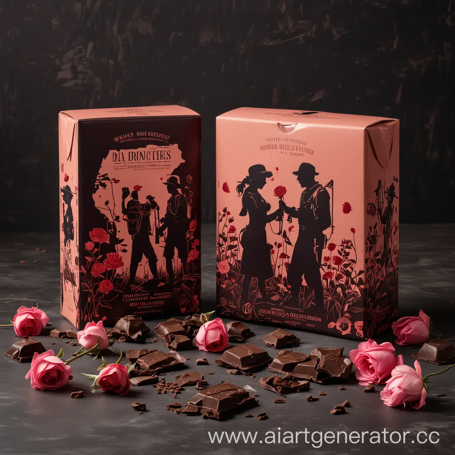 Упаковка шоколада молочный и темный с силуэтами шахтерами и розами