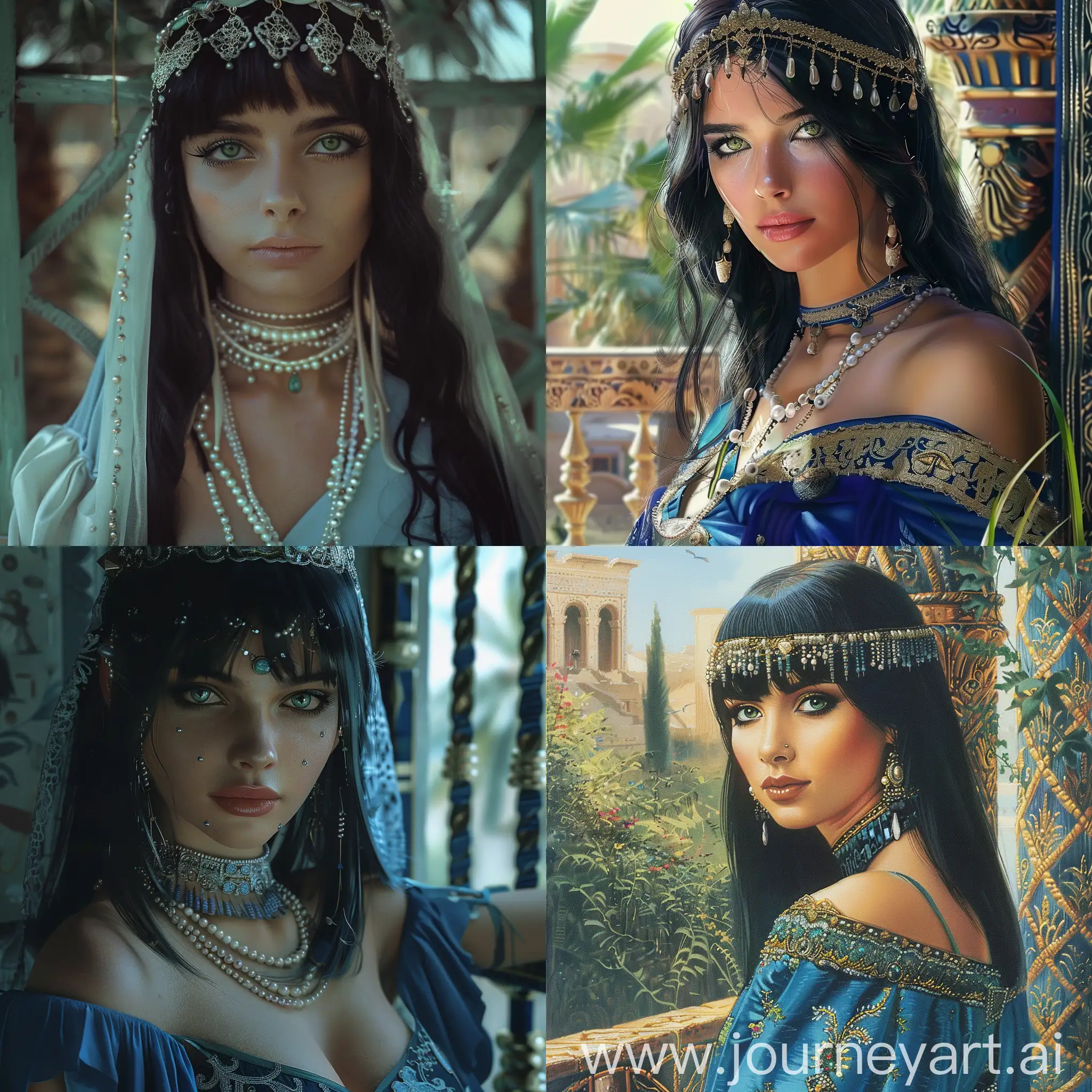 Elegant-Sorceress-in-Ancient-Egyptian-Garden-with-Cleopatra-Hairstyle-and-Blue-Dress