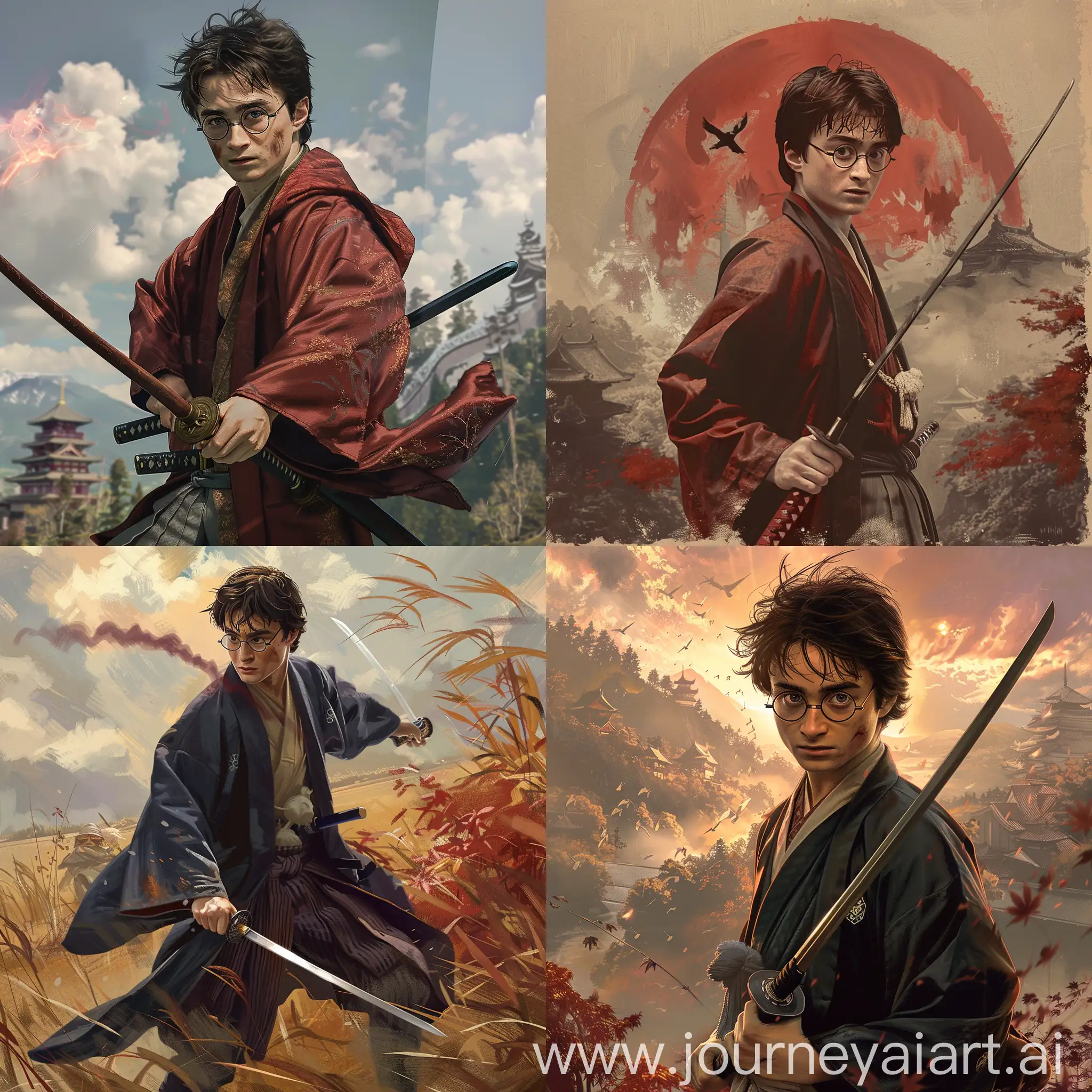 Create images that depict Harry Potter as a samurai wizard from 19th-century Japan. Show him navigating through feudal landscapes while wielding both his magical powers and sword skills, encountering various challenges along the way. The scenes should be realistic in nature and showcase the unique blend of Eastern and Western elements.