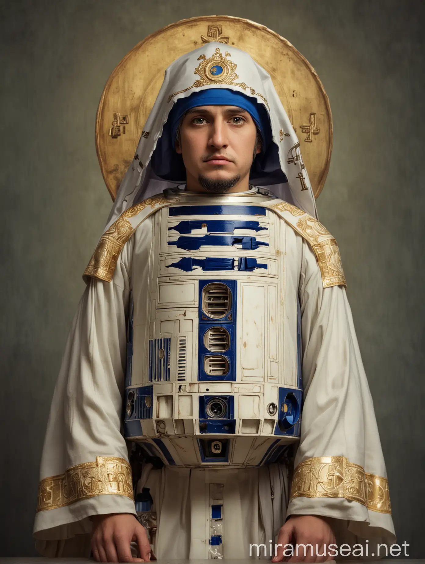 R2D2 Depicted as an Eastern Orthodox Saint in Iconic Style