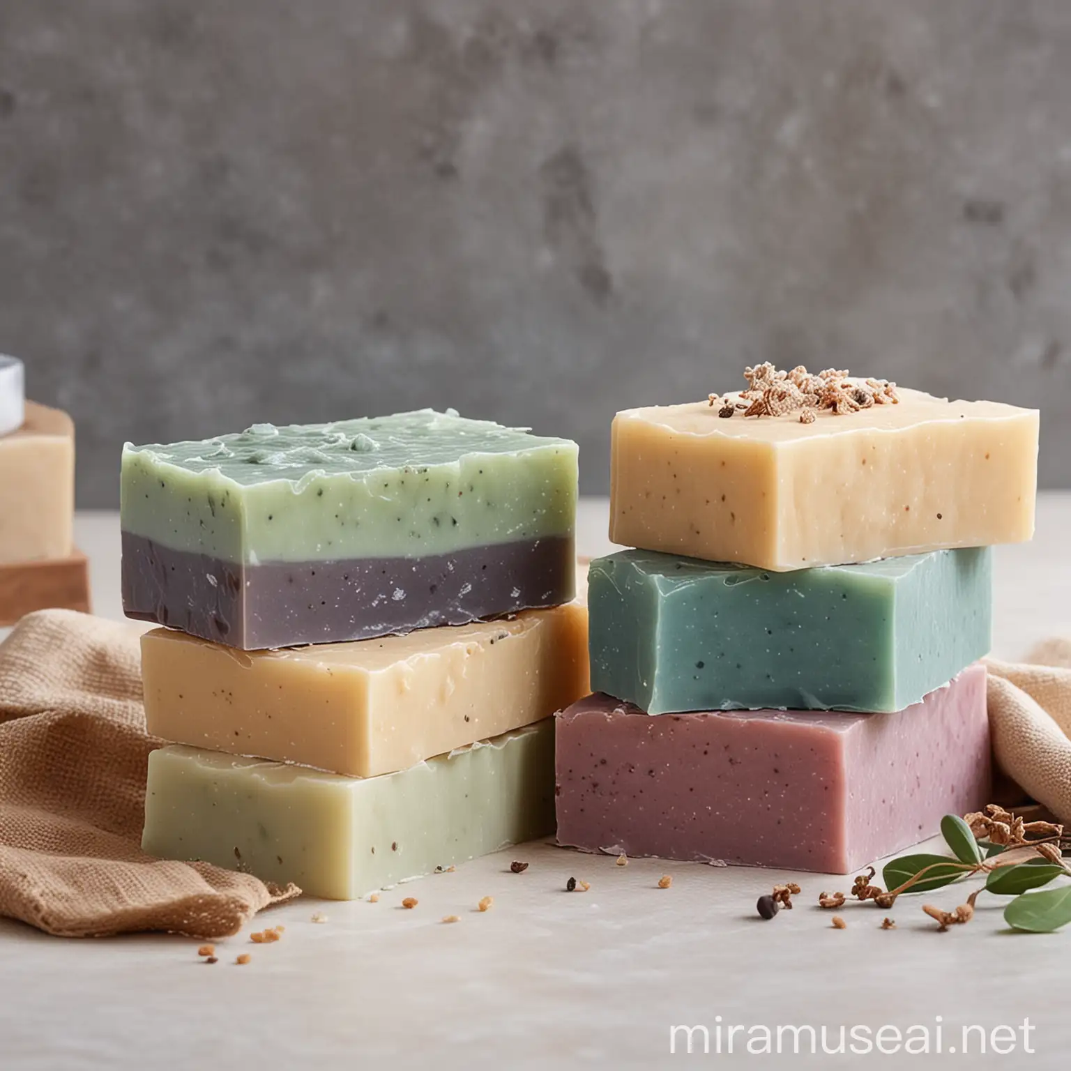give me an image of five different handmade soaps in a spa setting 