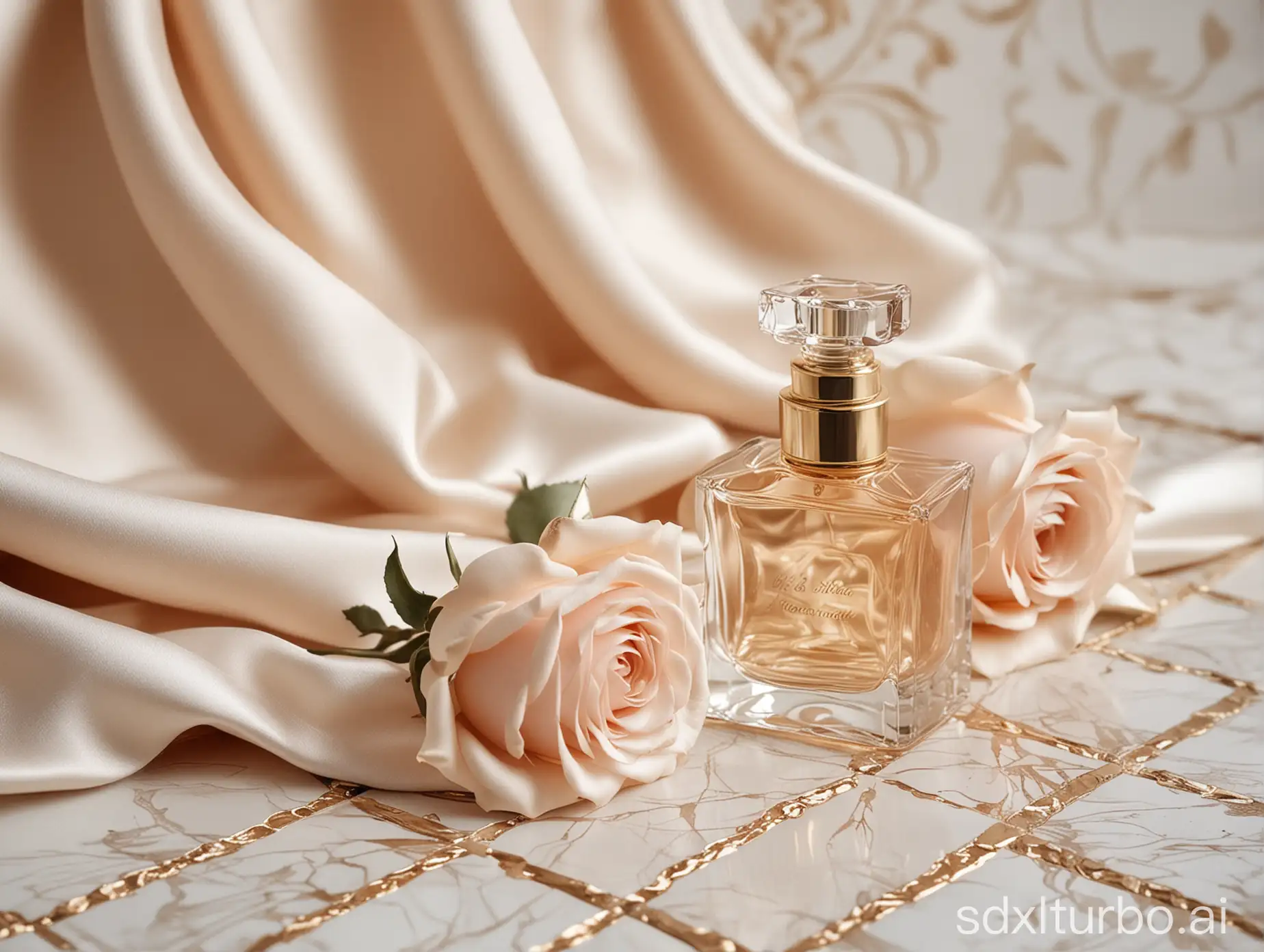 法式 优雅 丝绸 玫瑰 香水 背景布 浅色系 白色 浅金色 平铺