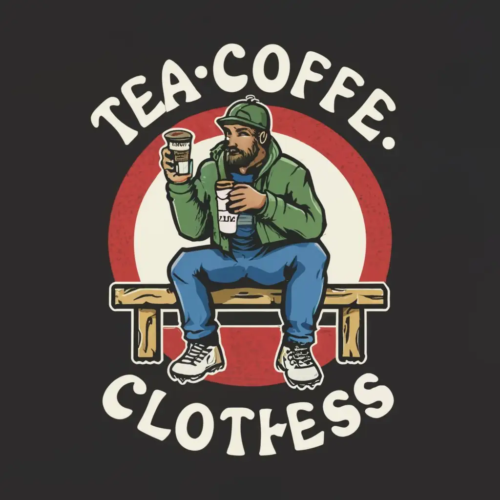 a logo design,with the text "Tea? Coffee? Clothes!", main symbol:A football hooligan sits on a bench in a CP Company jacket, drinking tea, and reading a casual book,Moderate,be used in Retail industry,clear background