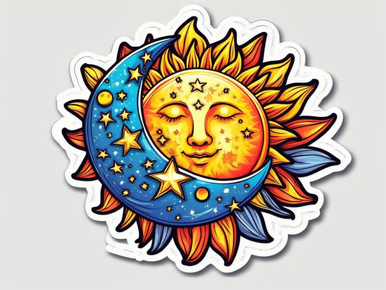 Energetic Sun and Moon Sticker Set Bright Vector Contour Art on White Background