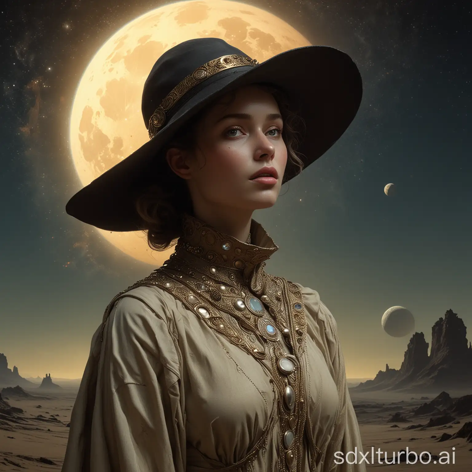 (jean giraud moebius style), (dune style) , (Rembrandt style), (jean delville style), A cinematic film still of woman of the future, mature, curvy, full body, mature face, transparent hat, asymmetric fantasy shoulder pads, short cape, full body, planets and moons oil painting, classic painting, fantasy, art. aesthetic