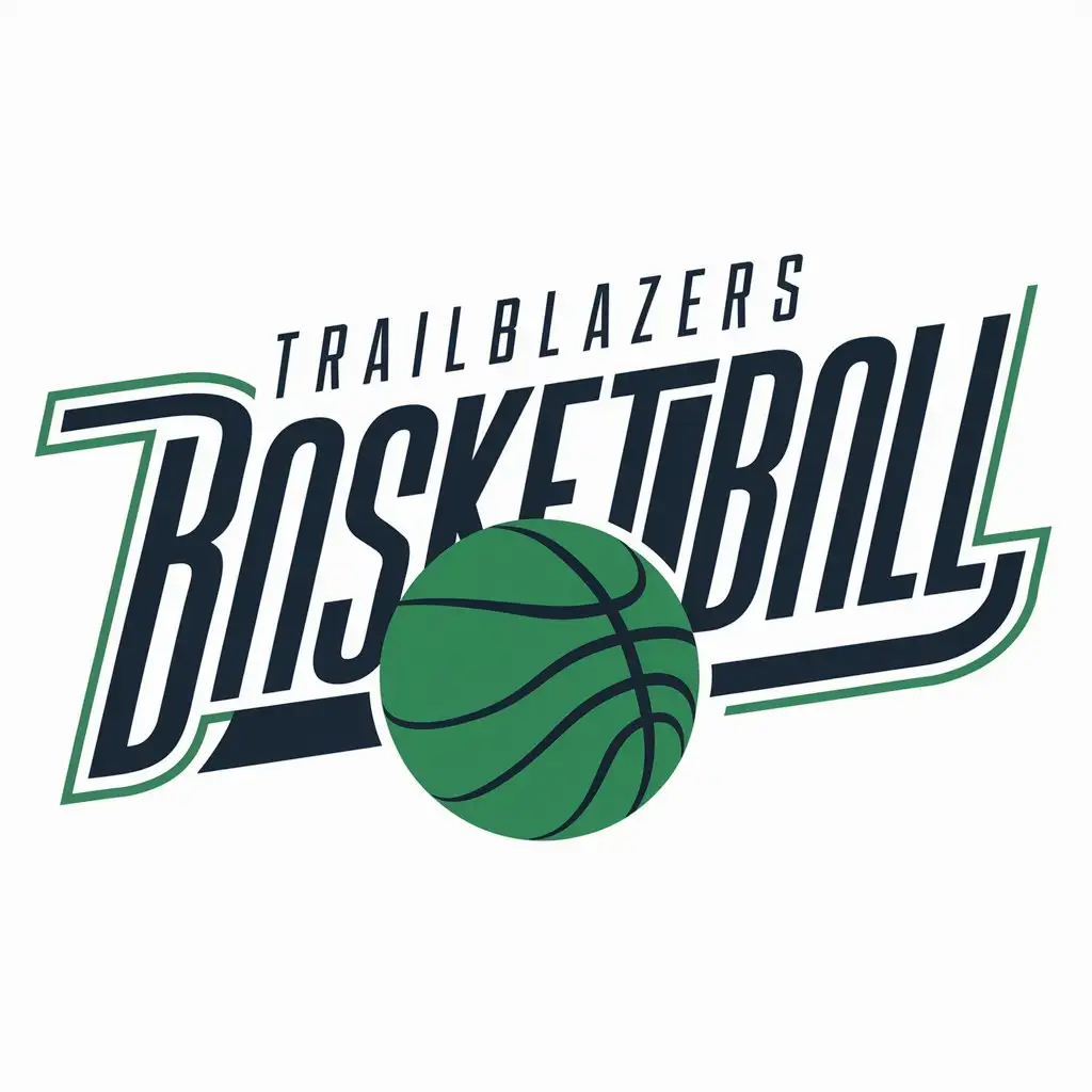 A vector basketball sport design that says "Trailblazers Basketball" with a basketball and green and navy blue colors on a white background
