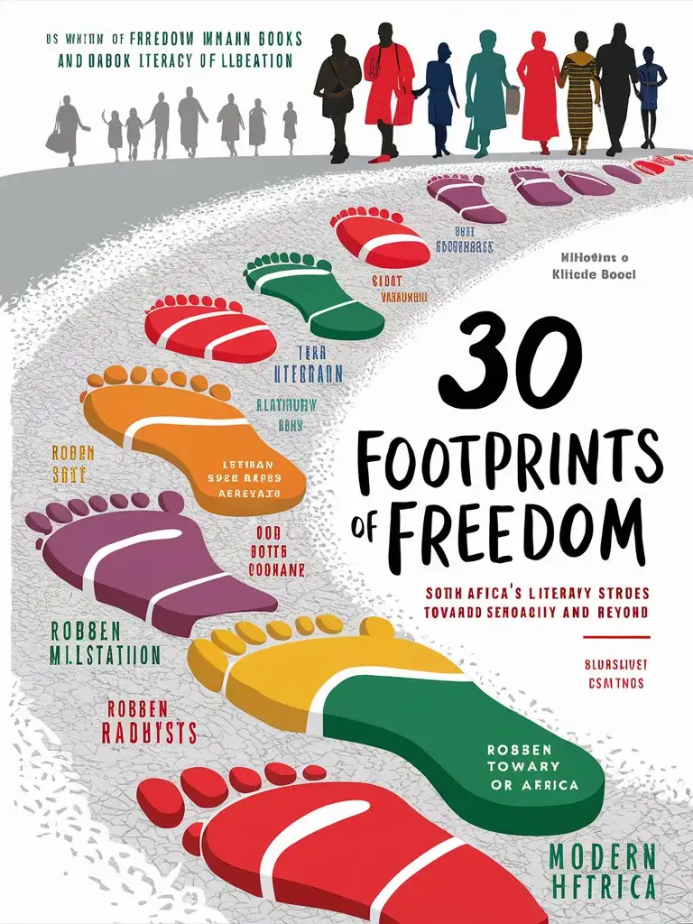pamphlet cover, children's book animation that showcases a path of visible 10 large vivid human footprints, each one representing a different literary theme or milestone coming from Robben island to modern South Africa, Title "30 Footprints of Freedom: South Africa's Literary Strides Towards Democracy and Beyond" silhouettes of the rainbow nations diversity walking towards books and literacy of liberation, white infused
