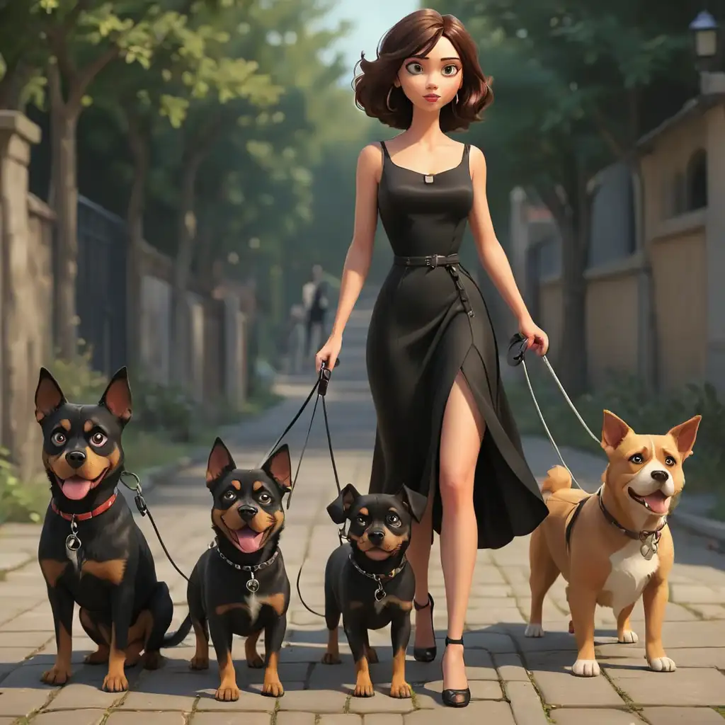мультяшная красивая сексуальная пафосная женщина в черном платье держит 3 собак на поводке 
