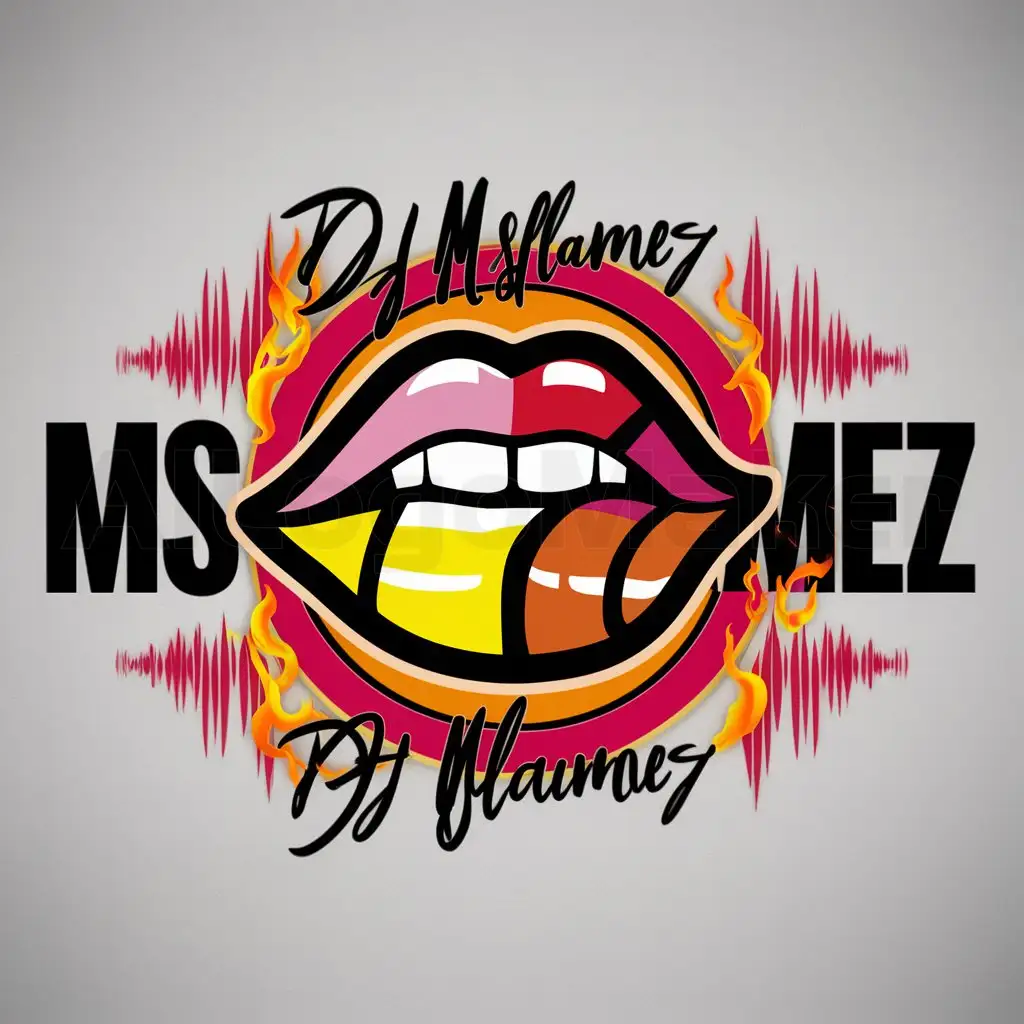 a logo design,with the text "DJ MsFlamez", main symbol:Black outline, Pink, red, yellow, orange, MsFlamez like a lip bite, sexy, soundwaves, MsFlamez in cursive, soundwaves, fire,Moderate,clear background