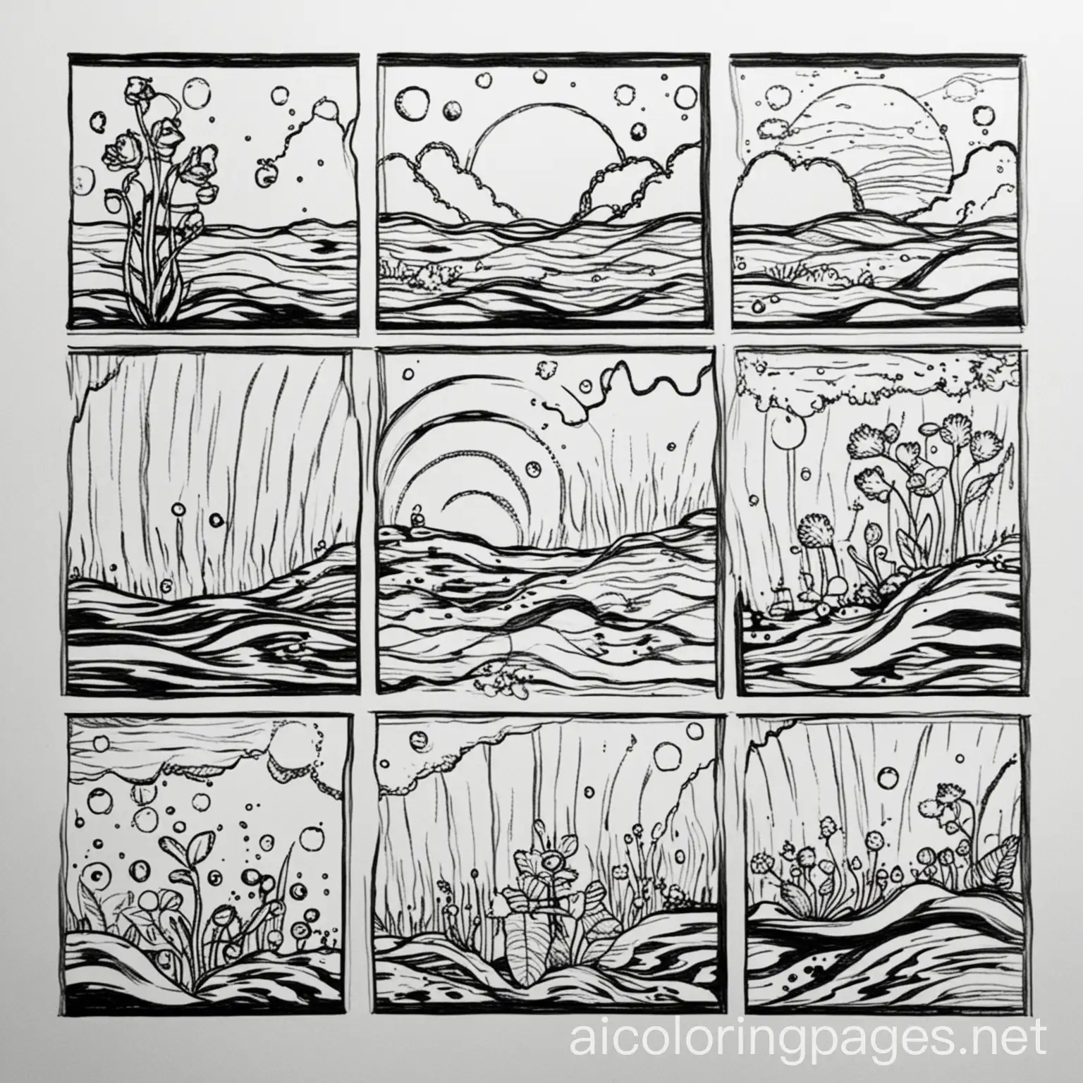 water collage, Coloring Page, black and white, line art, white background, Simplicity, Ample White Space. The background of the coloring page is plain white to make it easy for young children to color within the lines. The outlines of all the subjects are easy to distinguish, making it simple for kids to color without too much difficulty