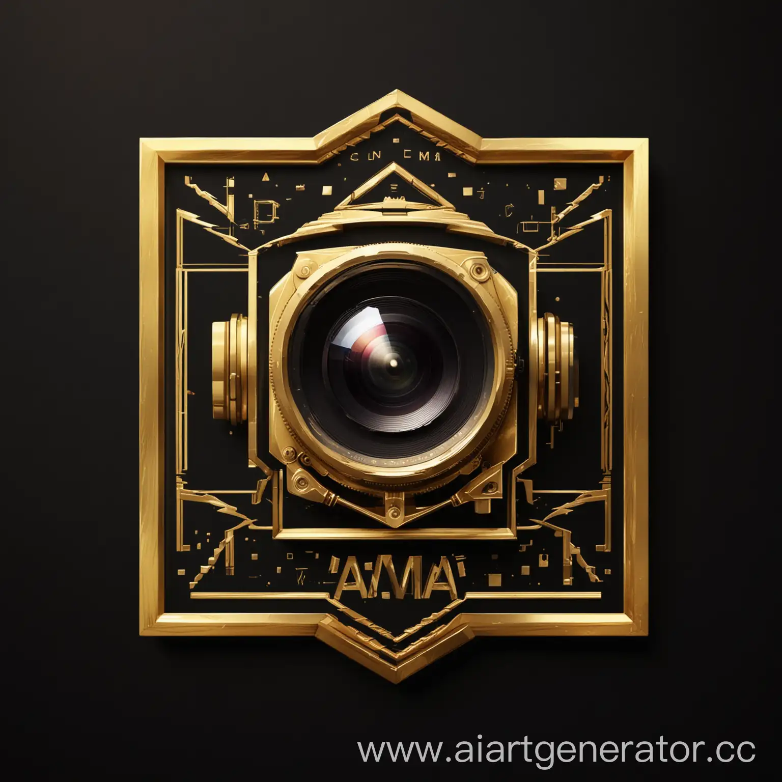 Design of geometric logo featuring a cinema camera in gold on a black background. Include lines as an additional design element. --v 5

