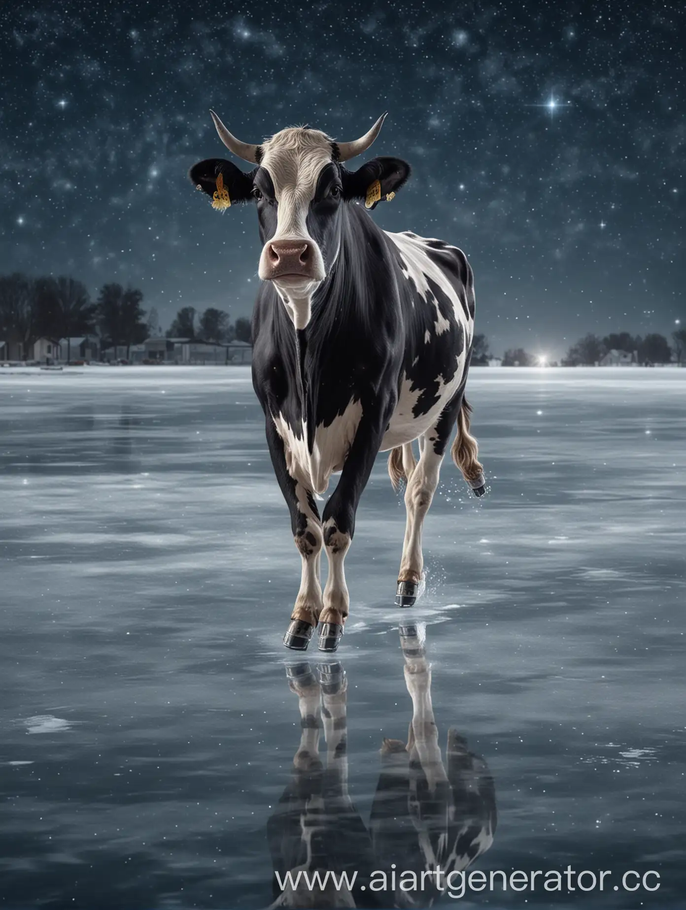 фотореалистичная грациозная корова катается на льду, вечернее звездное небо на заднем плане, катание на люду под классическую музыку
