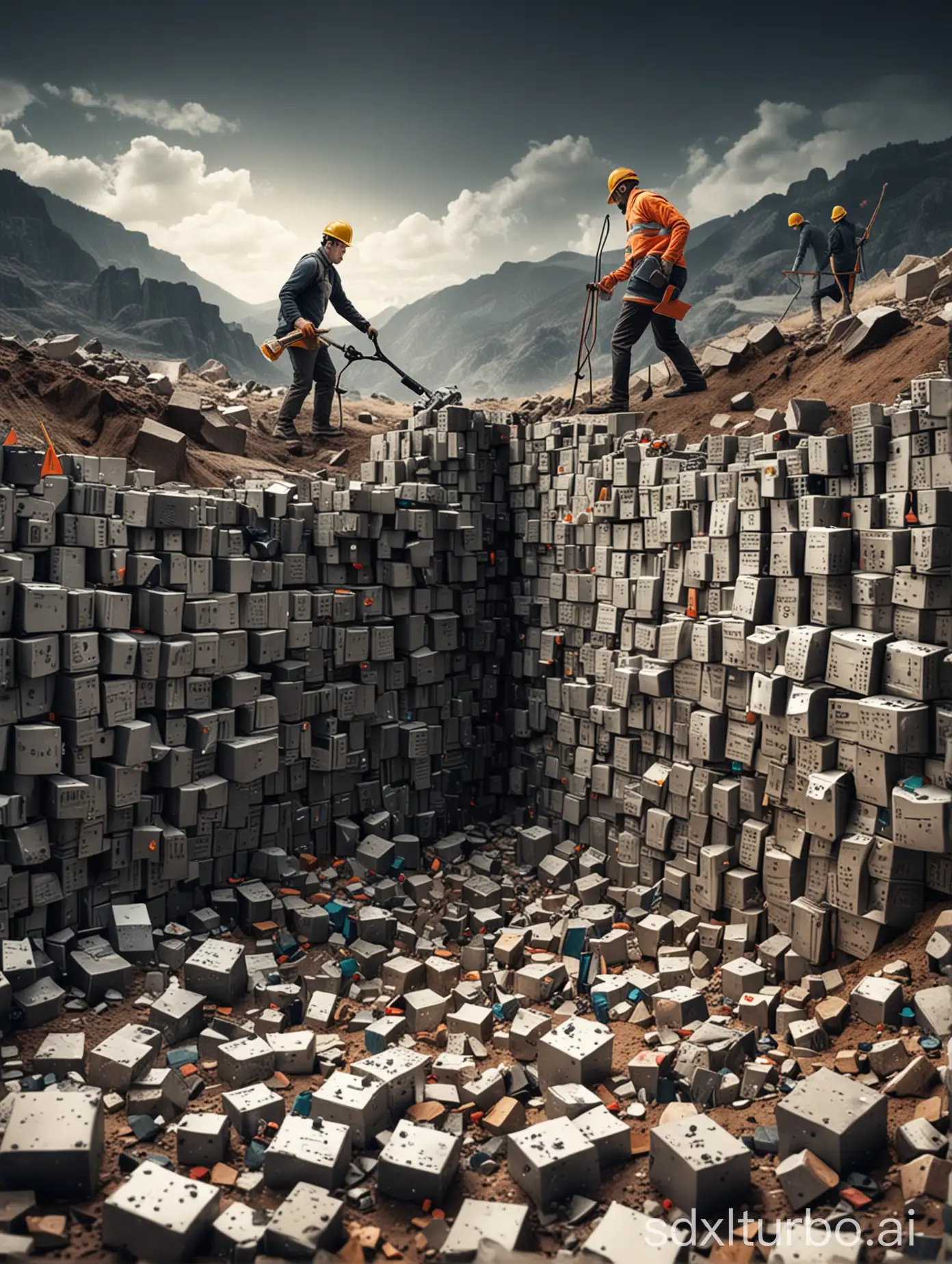 a marketer and an IT professional are mining a data landscape. They are digging through digital data blocks and information.