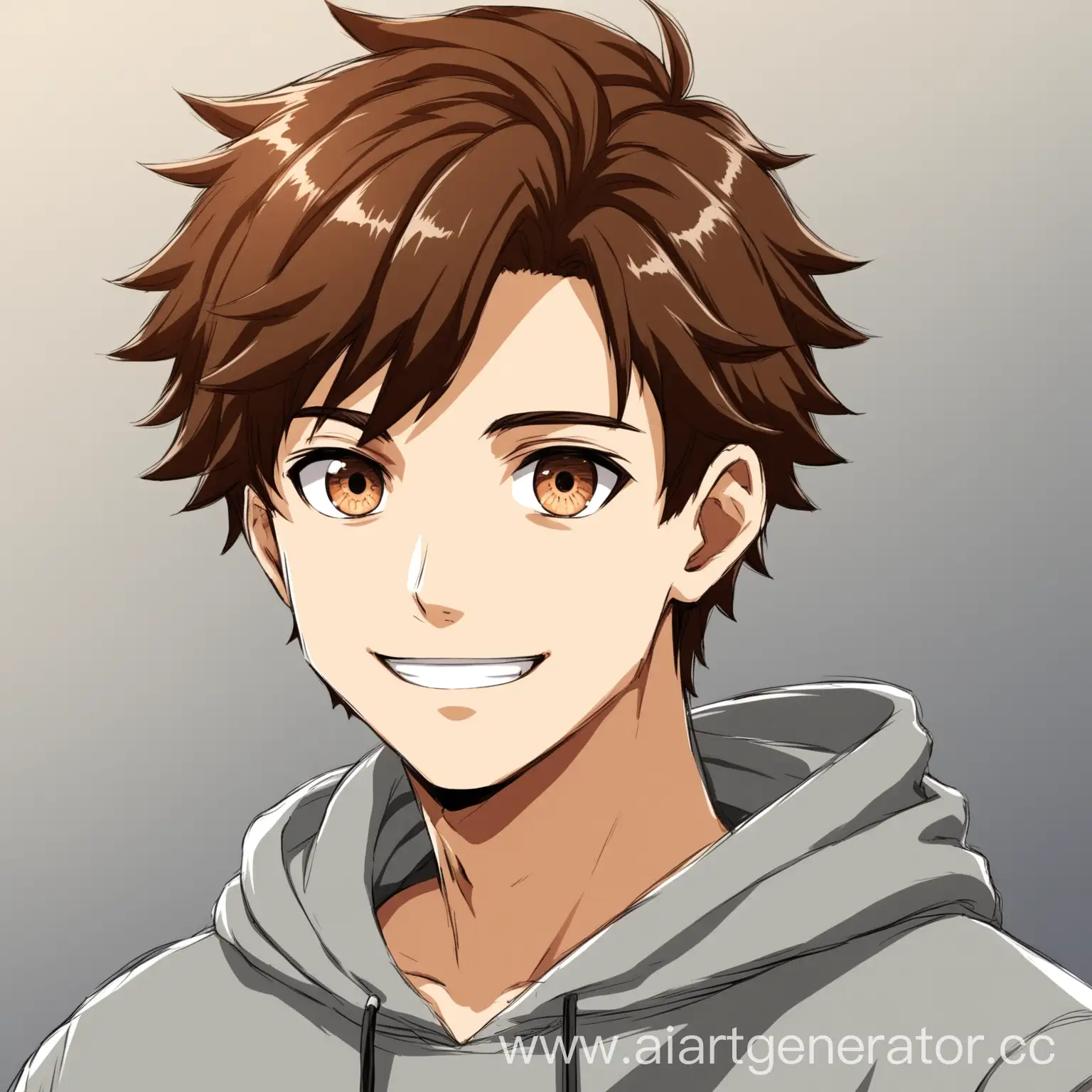 Парень 18 лет в серой толстовке с коричневыми волосами и глазами , в аниме стиле, улыбается и показывает лайк