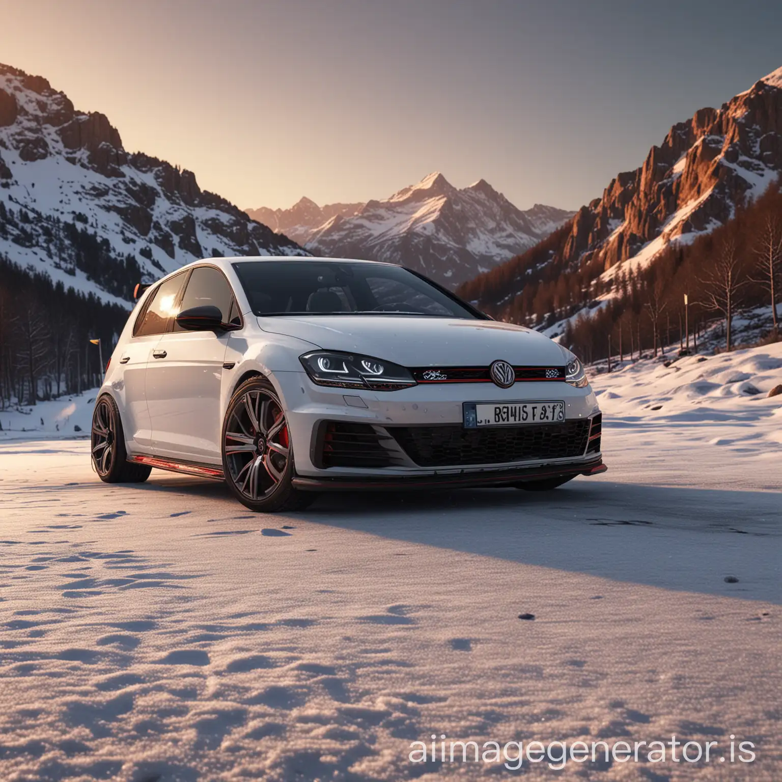 white golf 7 gti at sunset, photography, real, realistic, 8k, bbs, snow, mountains, photorealistic, ultra detailed