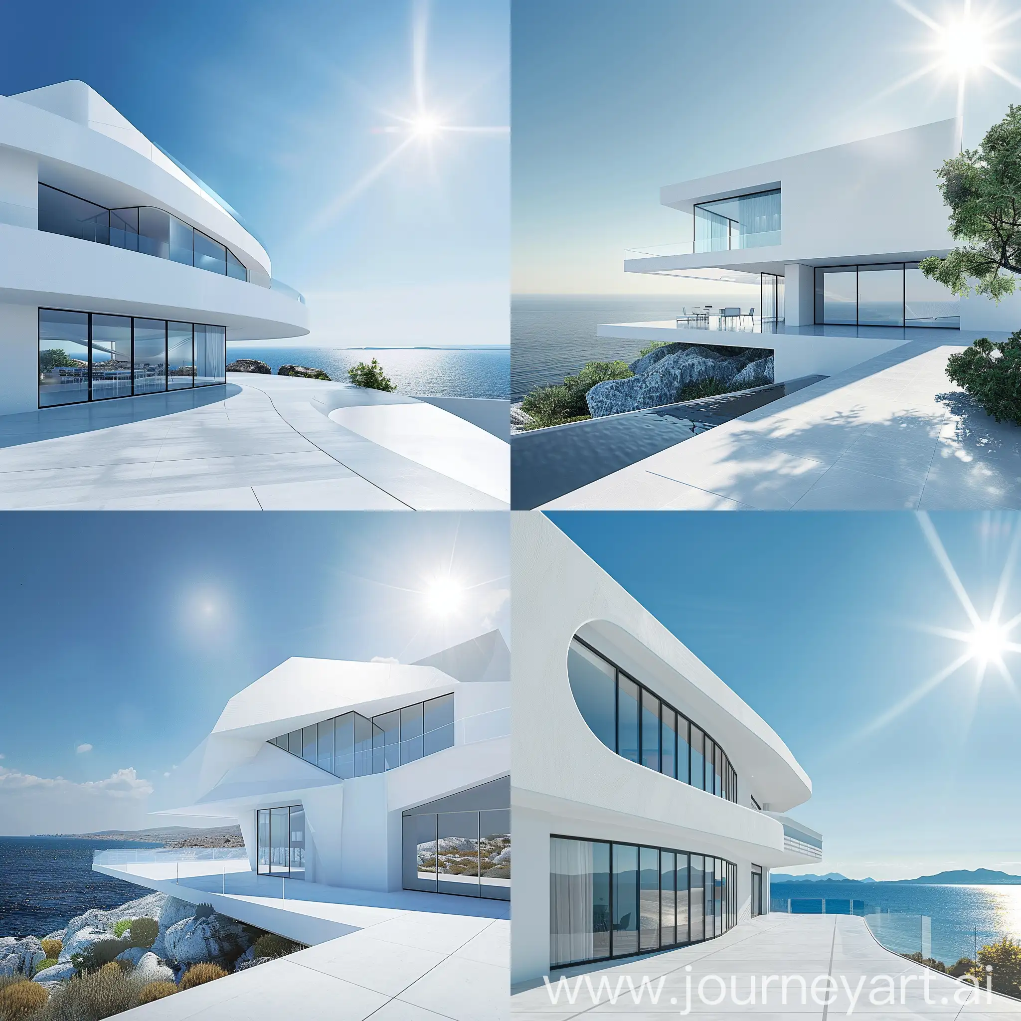 Создай максимально реалистичный Современный дом белого цвета В стиле High-Tech с панорамными окнами на фоне моря и ясного солнечного дня