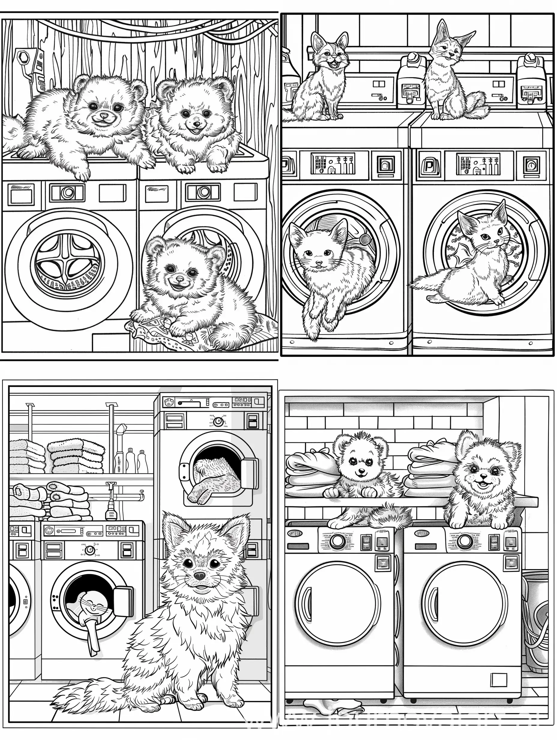 Coloring book page for cute fuzzy animals in a laundromat setting, simple, no shading color