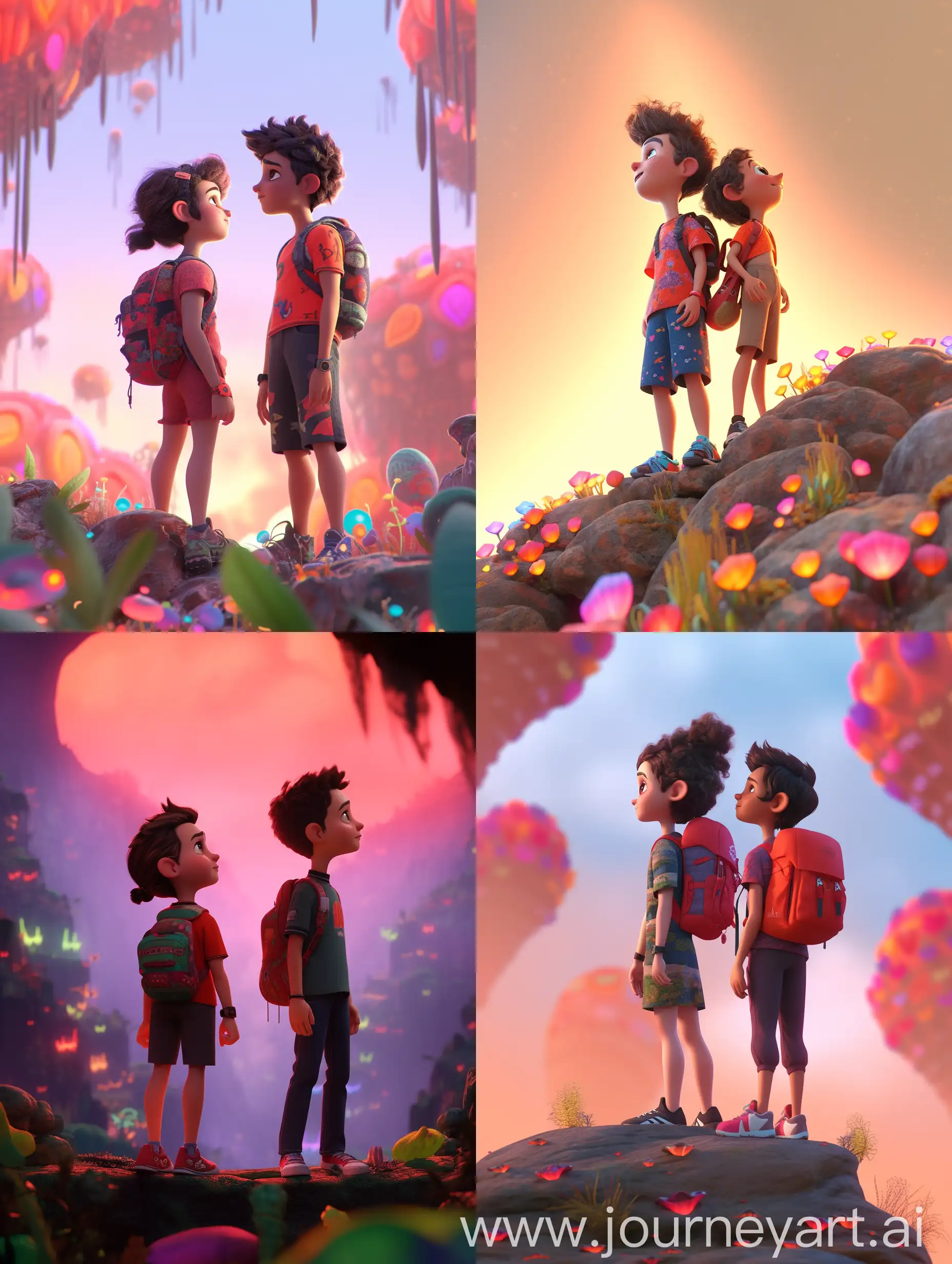 The boy and girl stood with their backs, bright colors, rich details, vistas, overlooking camera, Animated Lighting, Ray Tracing, Depth of Field, Cartoon Style, Clay material, 3D Art, Pixar, C4D, blender, behance, OC renderer, high detail, 16K --niji 5 --ar 3:4 --iw 2