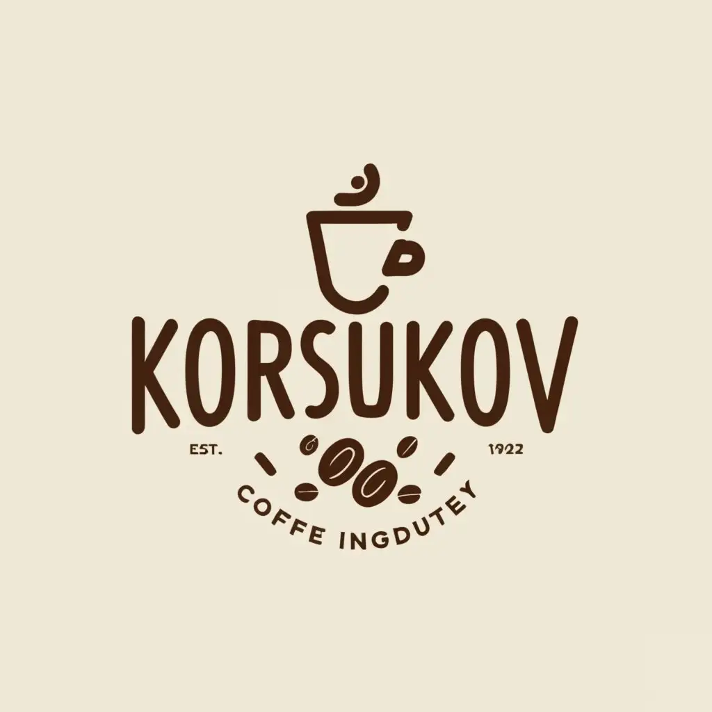 a logo design,with the text "KORSUKOV", main symbol:Paper coffee cup, coffee beans, coffee grinder,Minimalistic,be used in Café industry,clear background