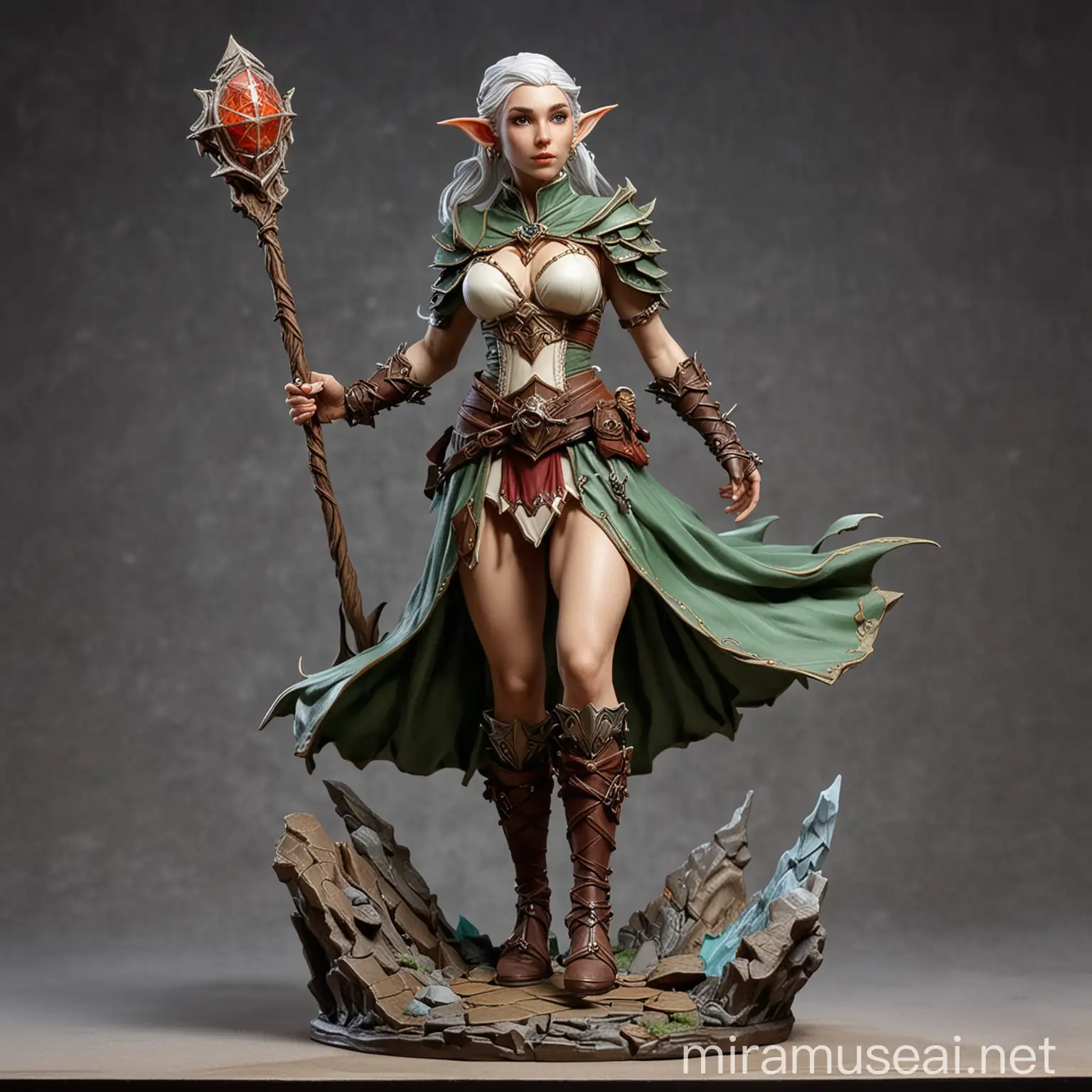 crear imagen de figura de tablero, de calabozos y dragones, elfa mujer mago
